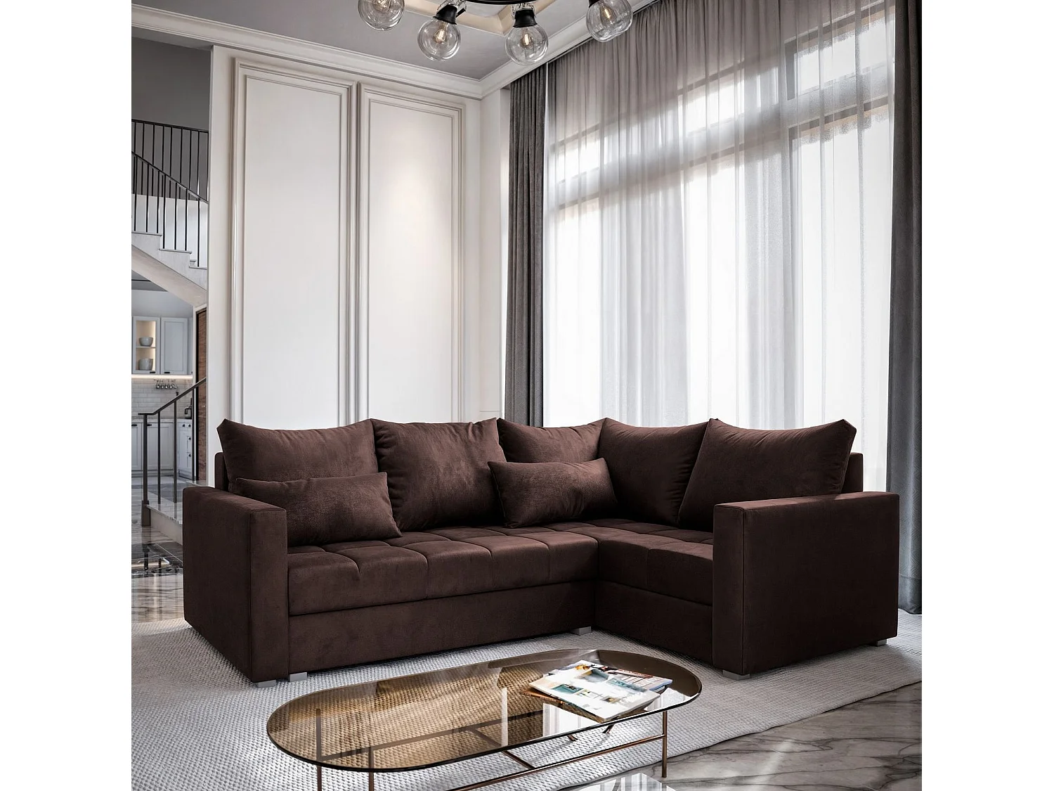 Canapé d'angle LIRENO Marron en peluche avec fonction de couchage