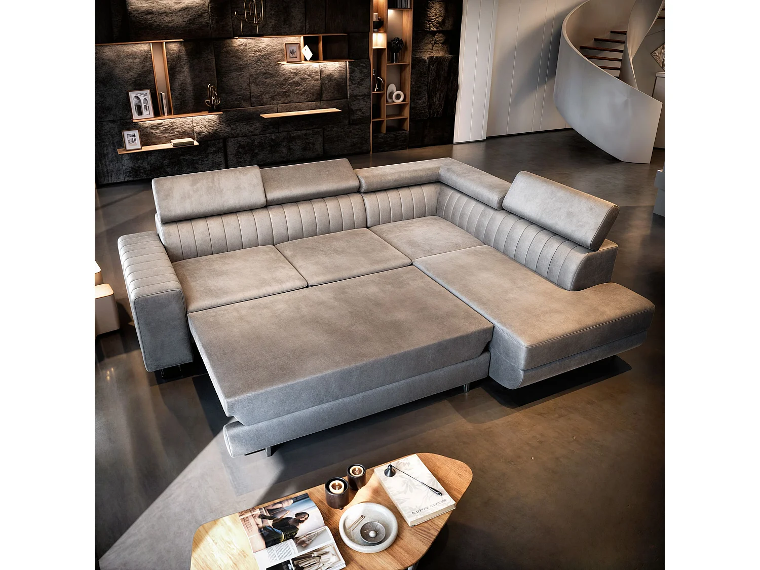 Canapé d'angle NOLA Gris clair en velours avec fonction de couchage