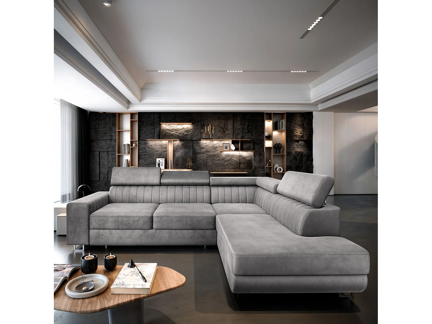 Canapé d'angle NOLA Gris clair en velours avec fonction de couchage