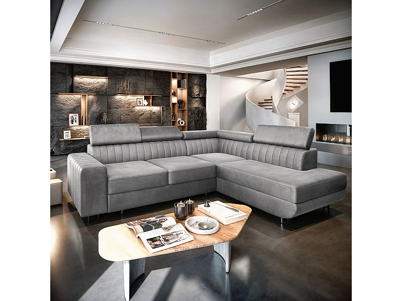 Canapé d'angle NOLA Gris clair en velours avec fonction de couchage