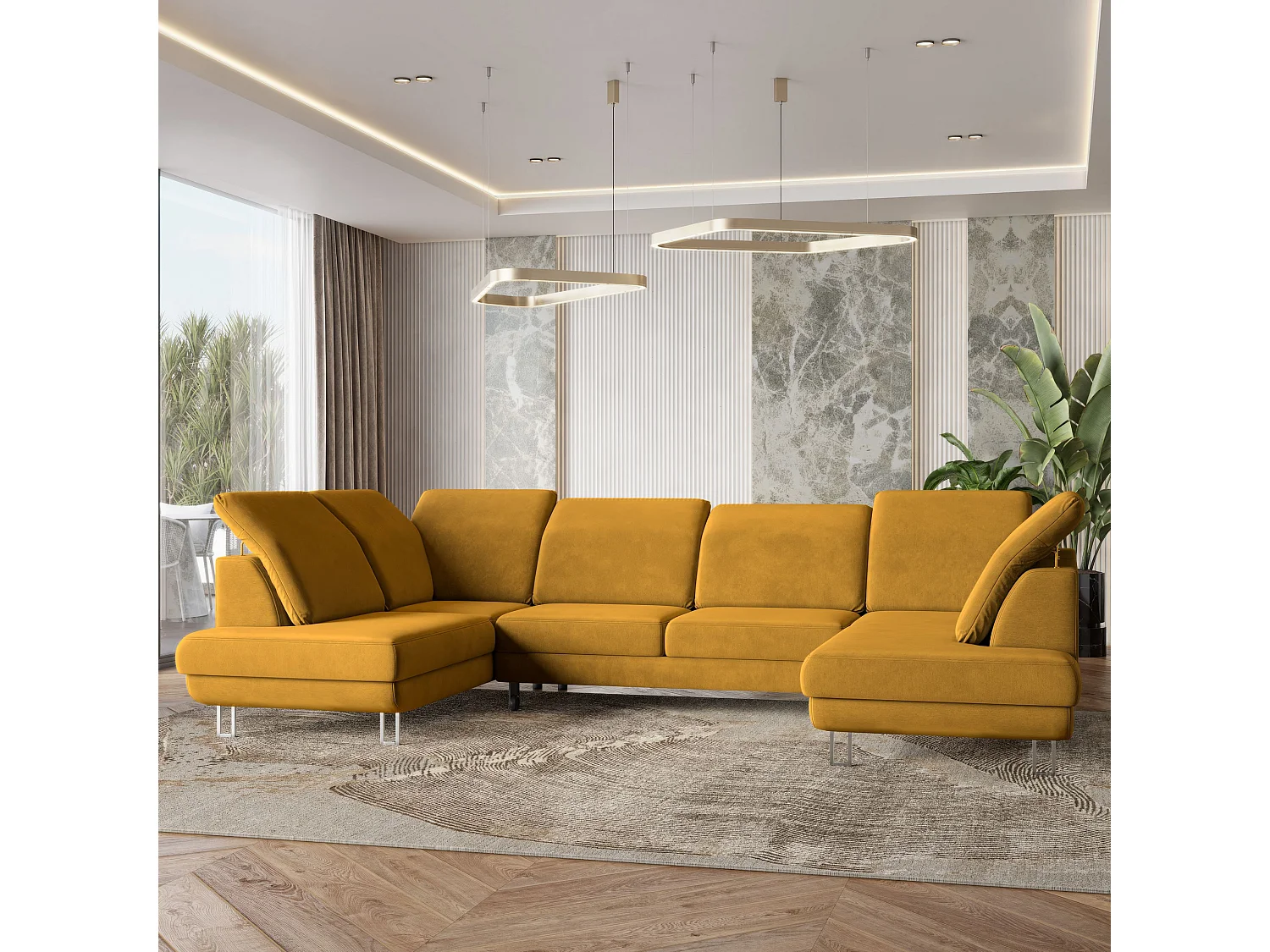 Canapé d'angle TERAMO Jaune en velours avec fonction de couchage