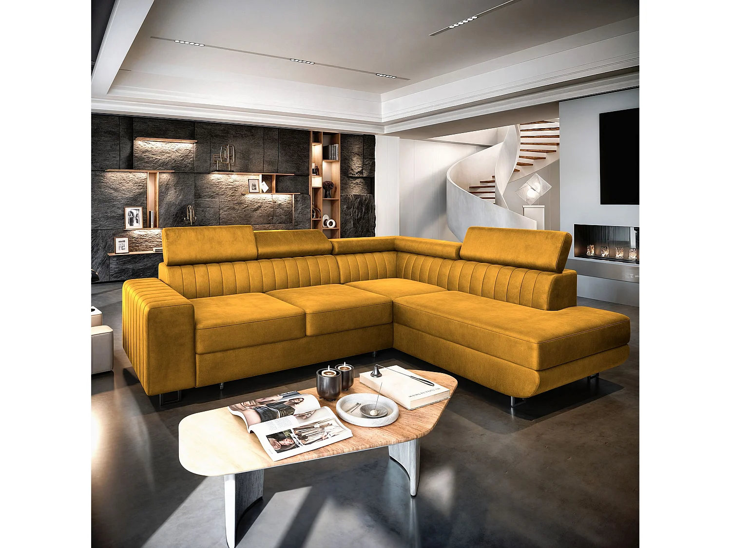 Canapé d'angle NOLA Jaune en velours avec fonction de couchage