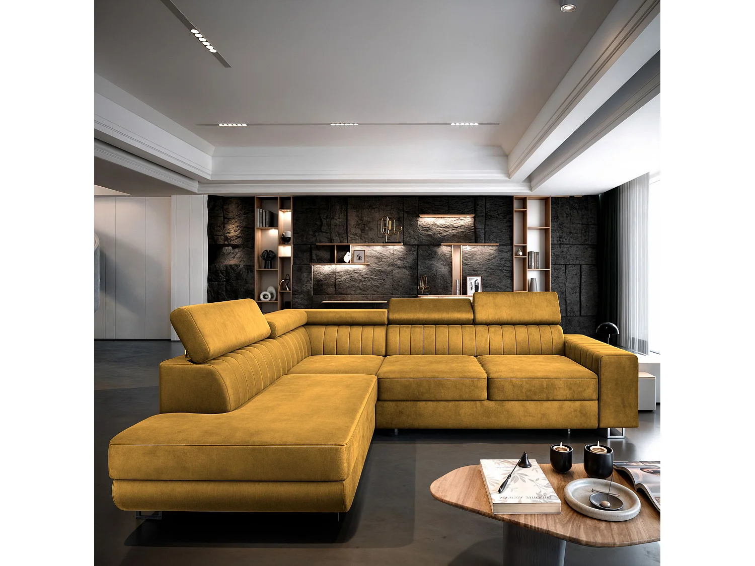 Hoekbank NOLA van fluweel met slaapfunctie Gelb