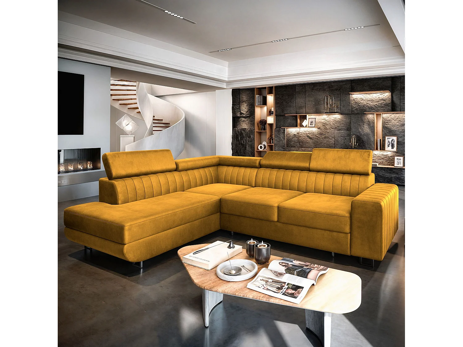 Canapé d'angle NOLA Jaune en velours avec fonction de couchage