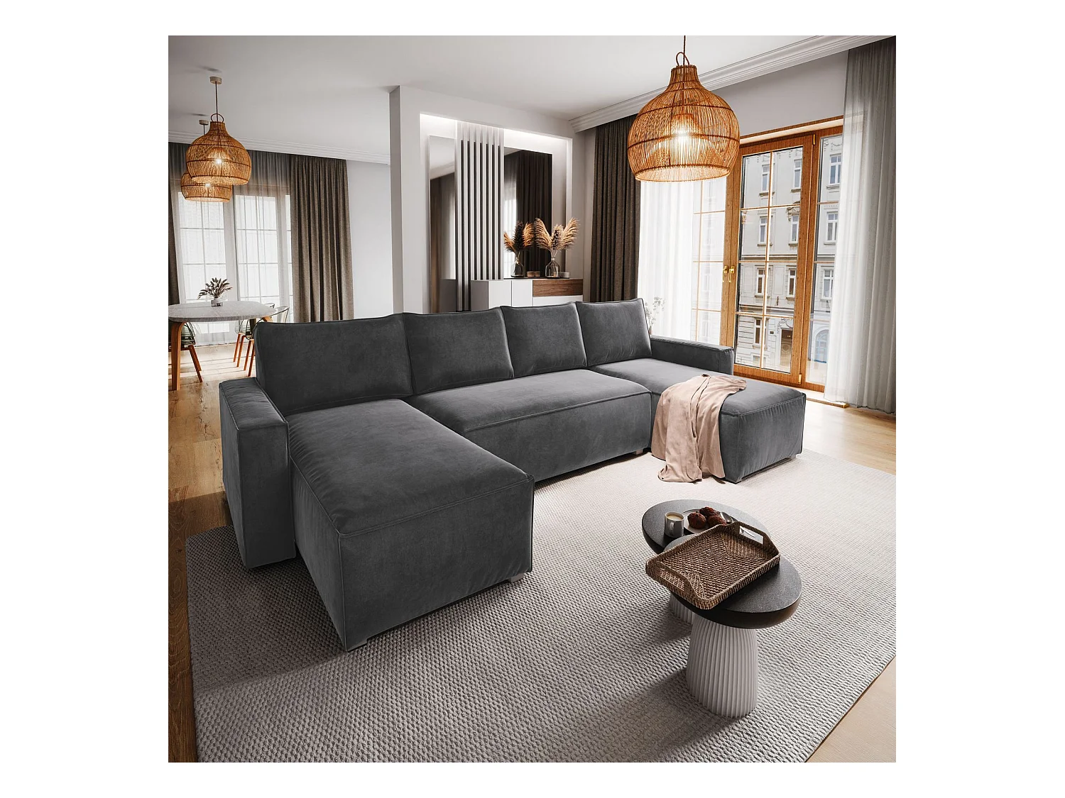 Canapé d'angle DENI Gris en velours avec fonction de couchage