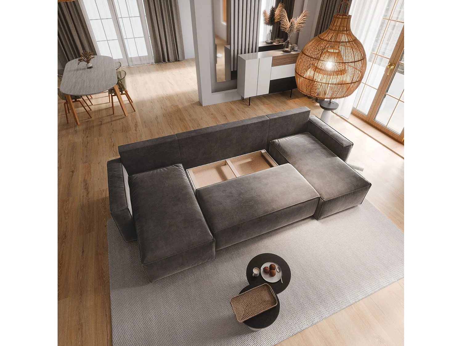 Canapé d'angle DENI Gris en velours avec fonction de couchage