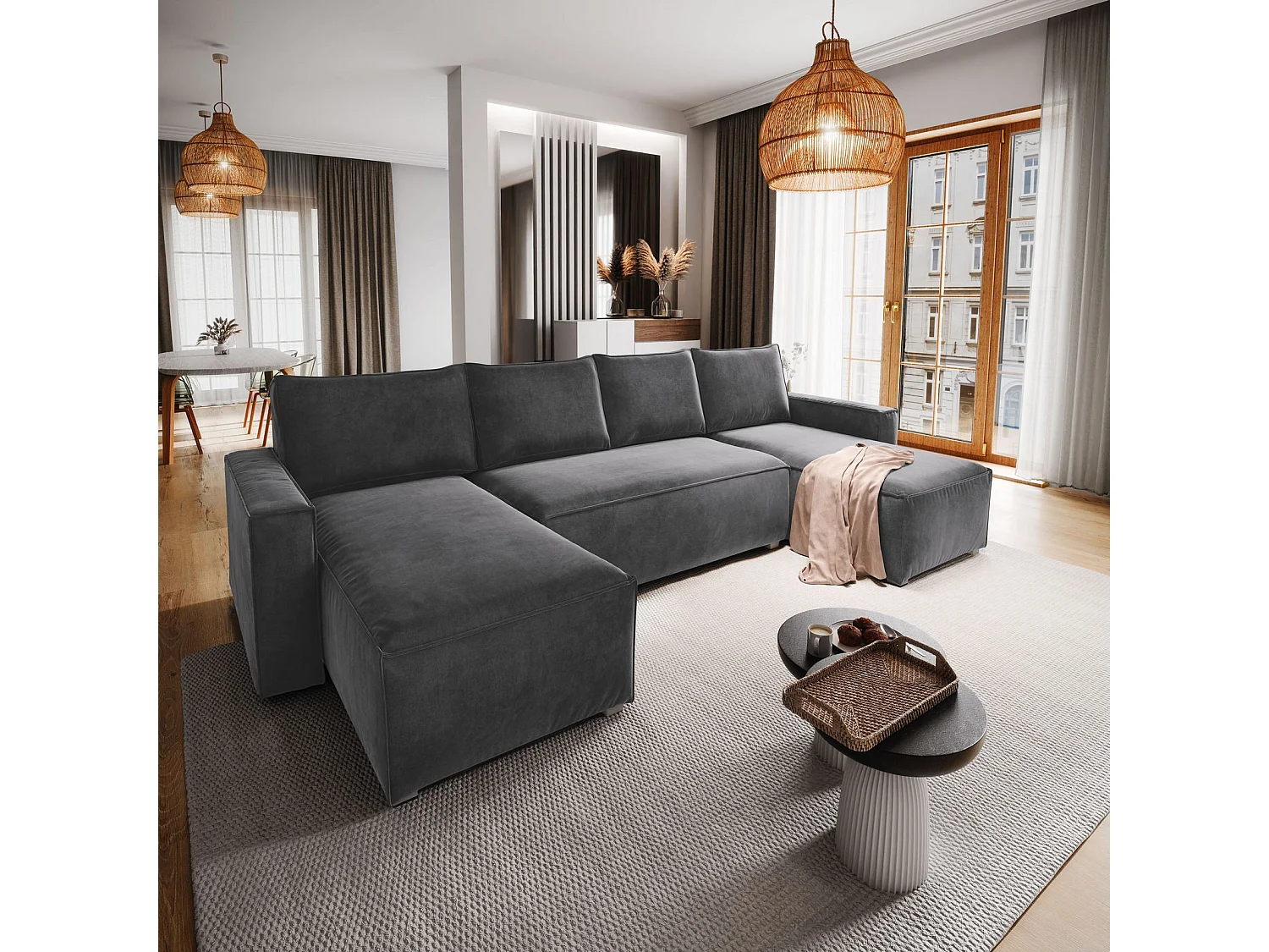 Canapé d'angle DENI Gris en velours avec fonction de couchage