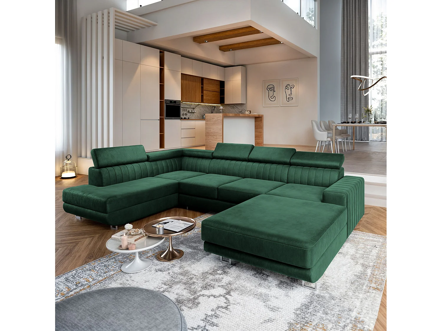 Canapé d'angle SIENA Vert Sapin en velours avec fonction de couchage