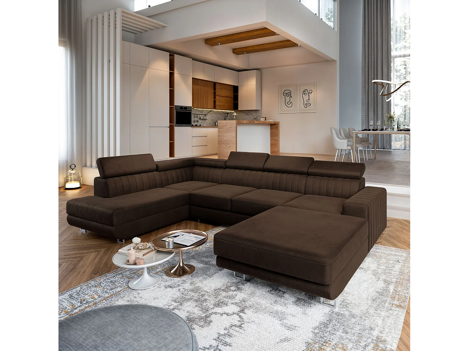 Canapé d'angle SIENA Marron en velours avec fonction de couchage