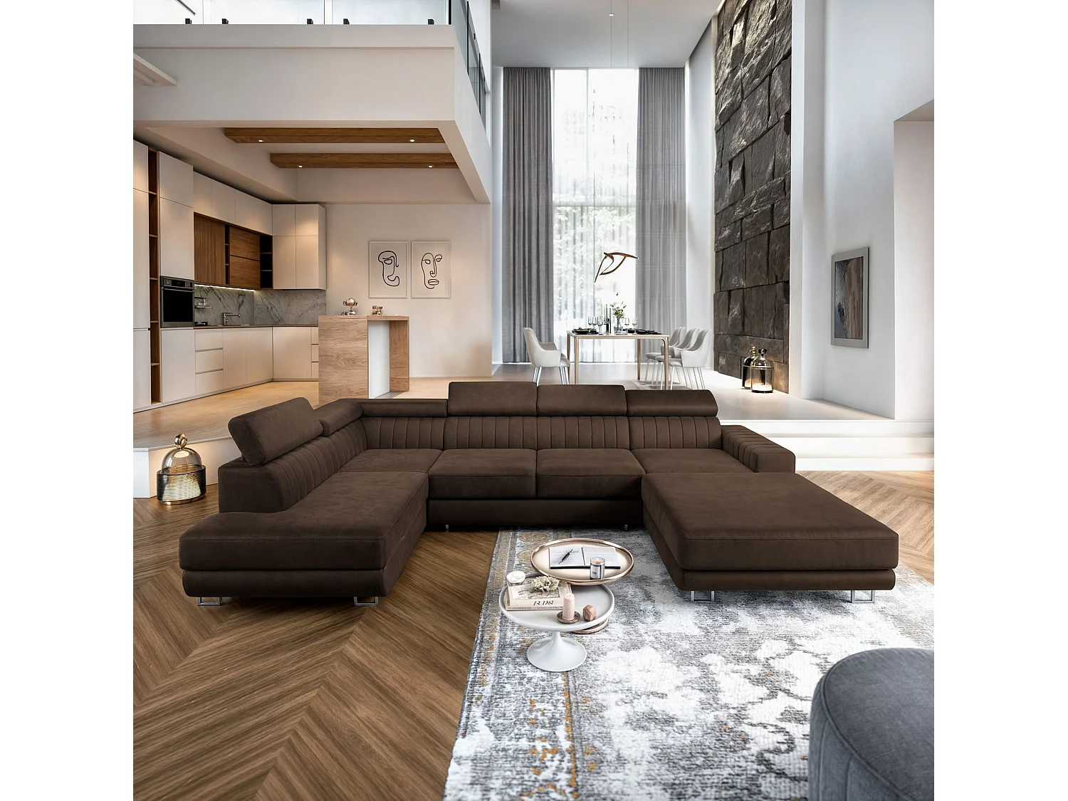 Canapé d'angle SIENA Marron en velours avec fonction de couchage