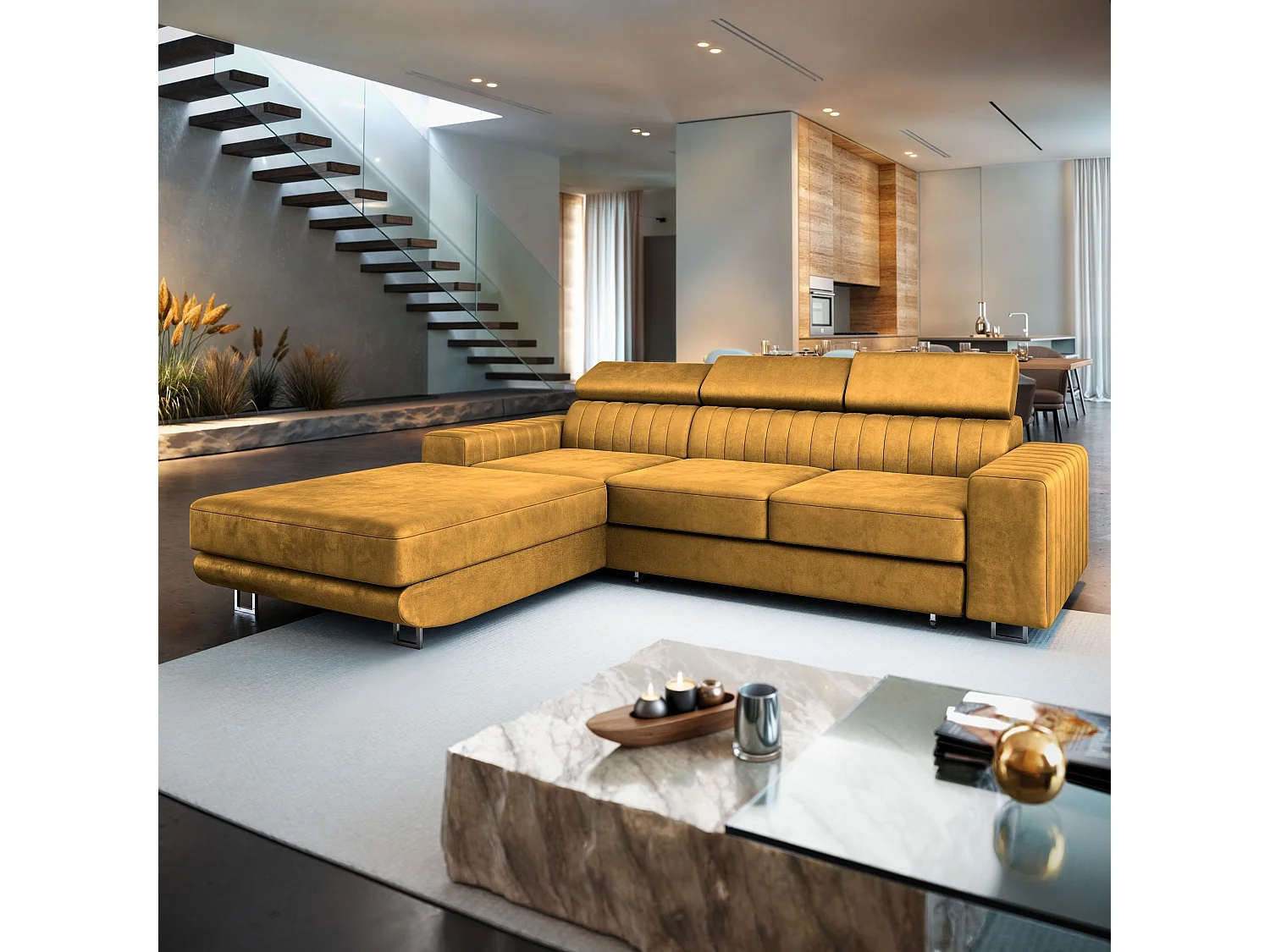 Canapé d'angle NOTO Jaune en velours avec fonction de couchage