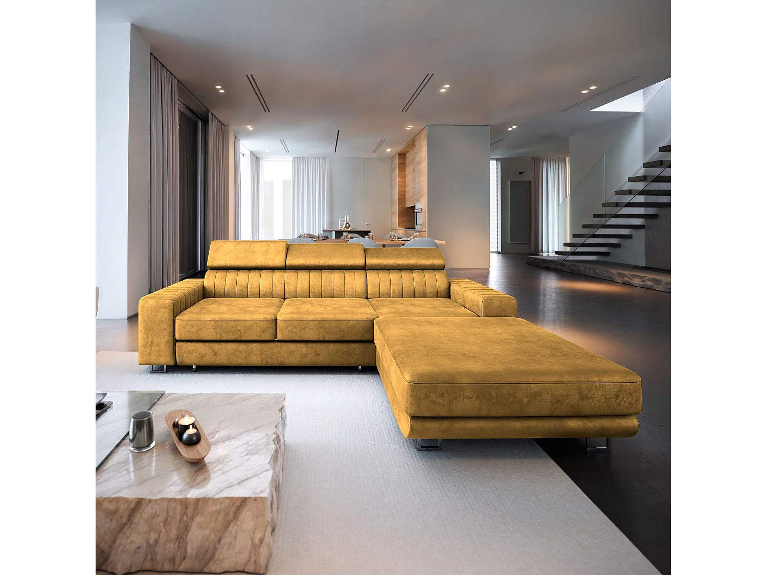 Canapé d'angle NOTO Jaune en velours avec fonction de couchage