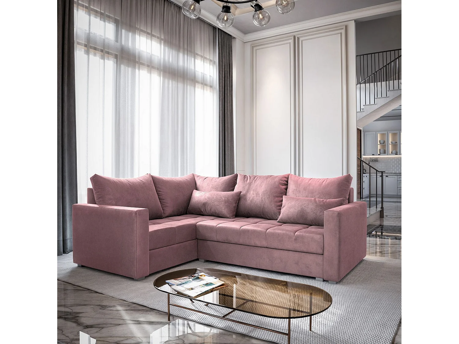 Canapé d'angle LIRENO Rose poudré en peluche avec fonction de couchage
