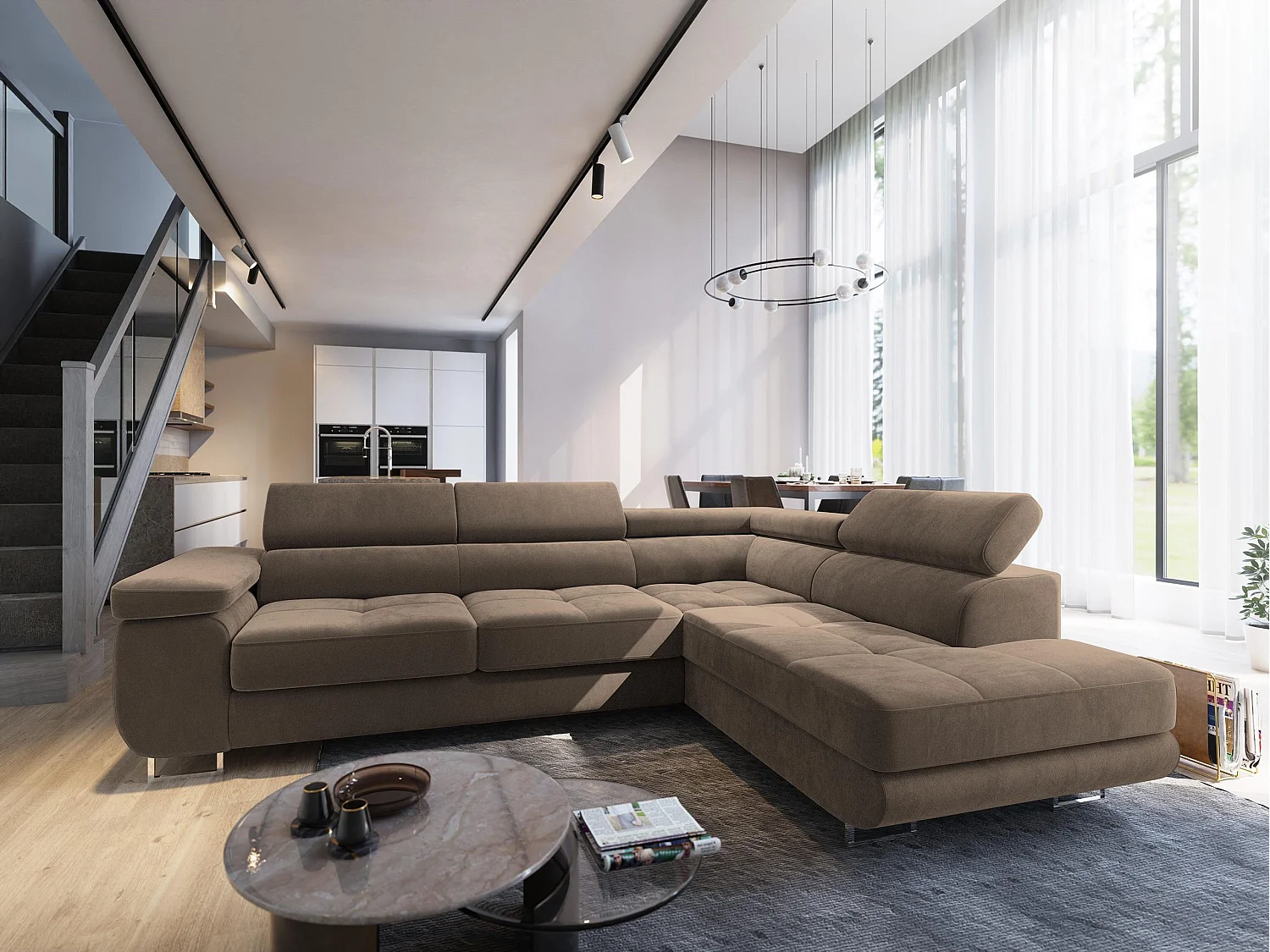 Hoekbank SELVA van fluweel met slaapfunctie Beige