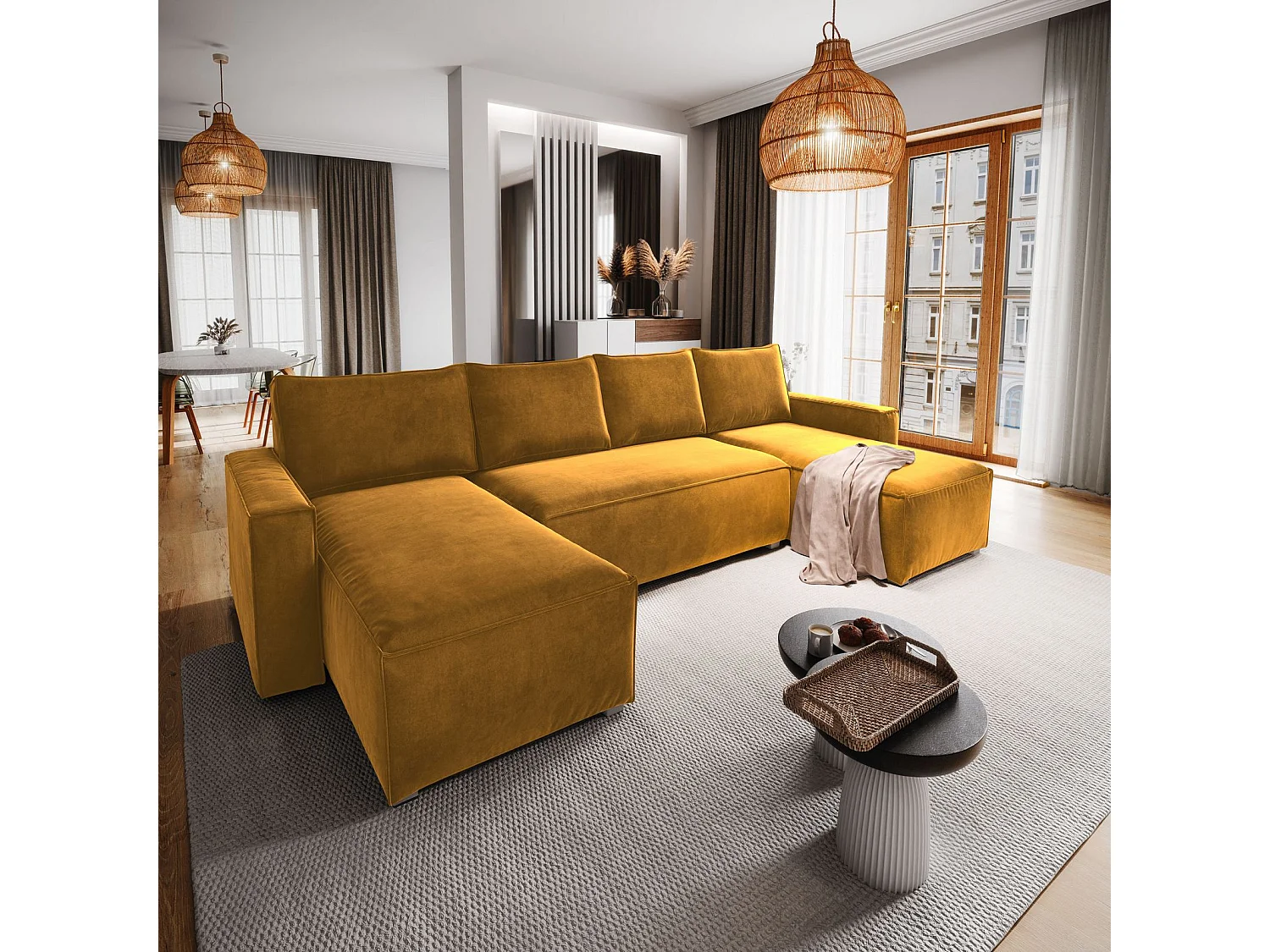 Canapé d'angle DENI Jaune en velours avec fonction de couchage