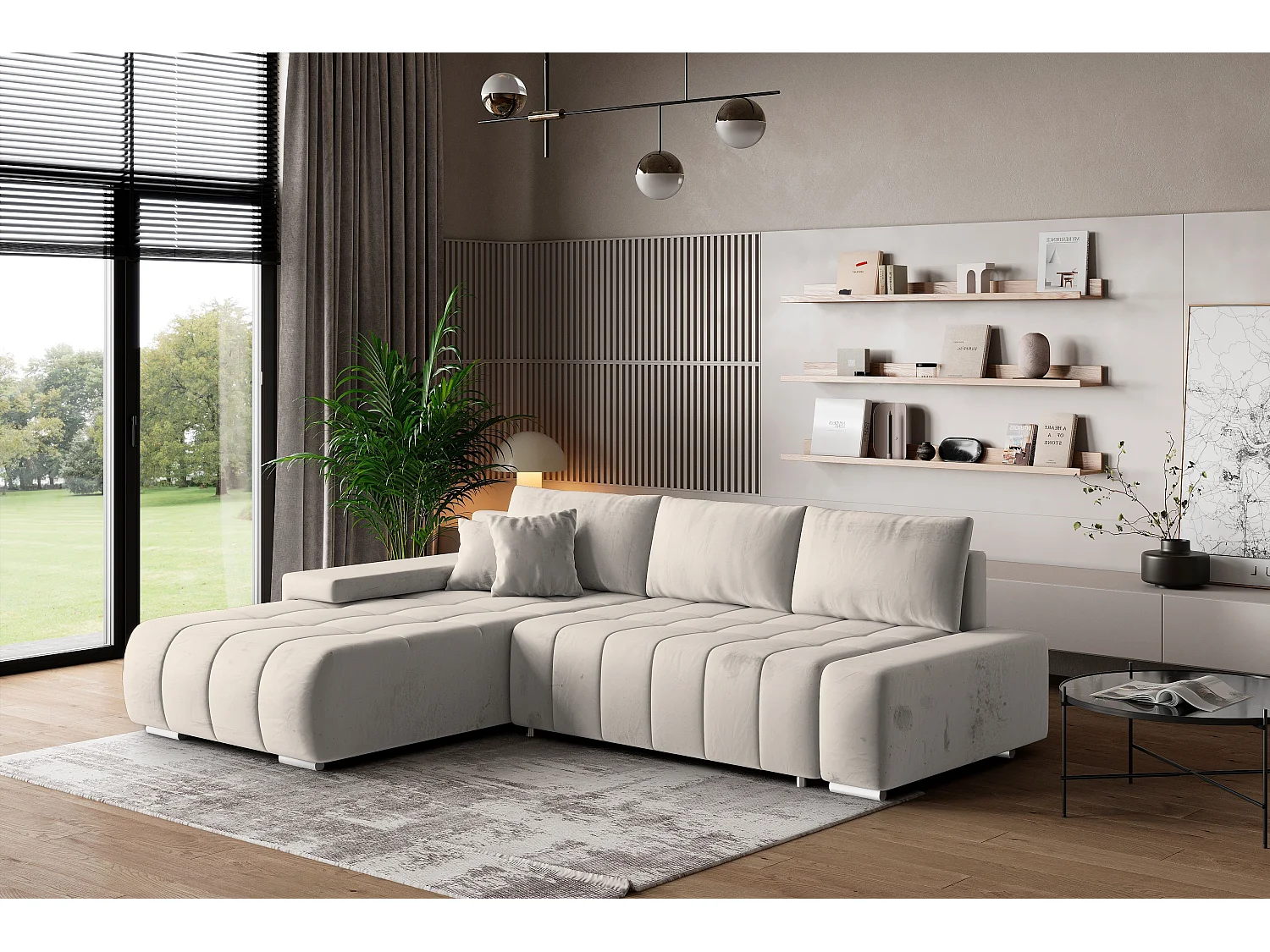 Canapé d'angle ALESE Crème en velours avec fonction de couchage