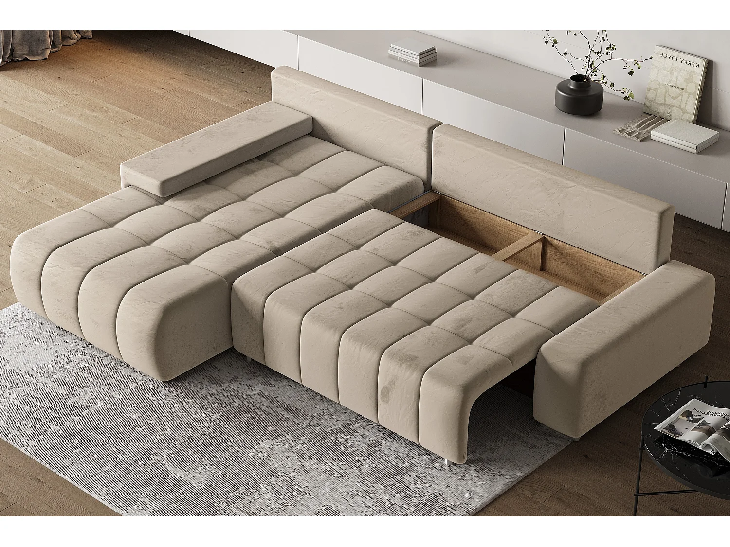 Hoekbank ALESE van fluweel met slaapfunctie Creme