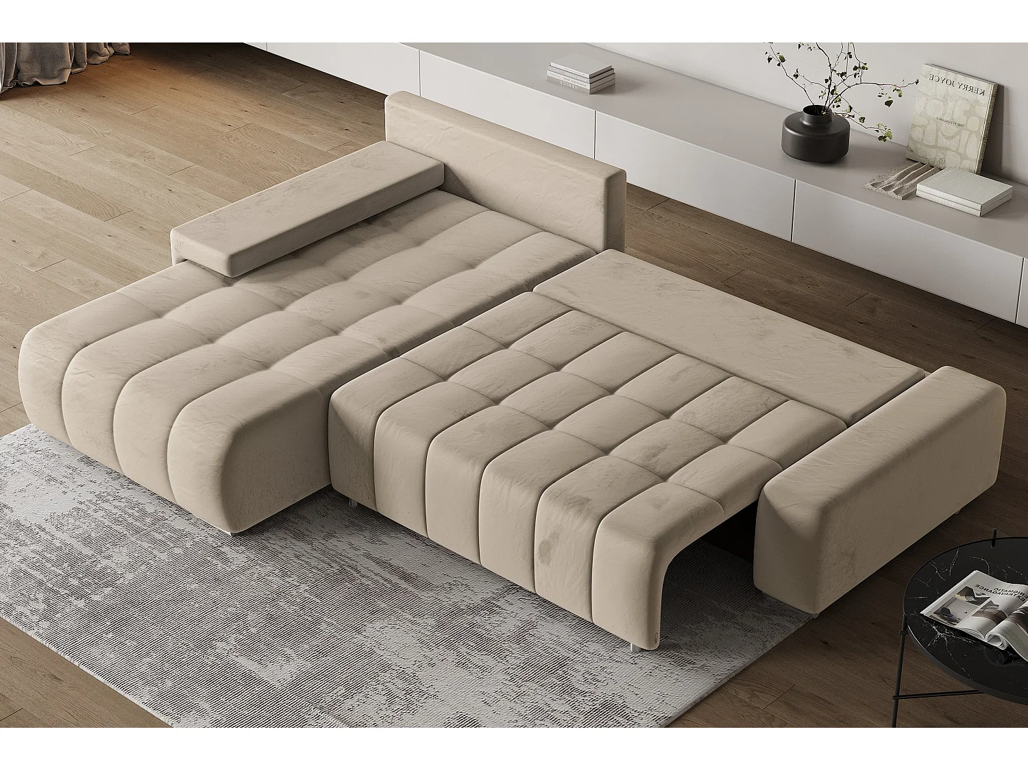 Hoekbank ALESE van fluweel met slaapfunctie Creme