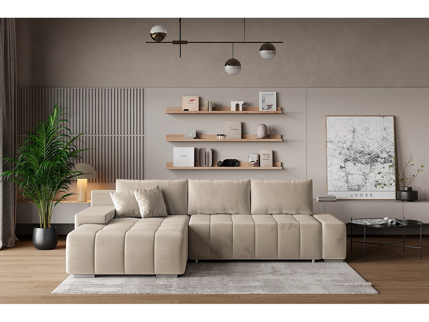 Hoekbank ALESE van fluweel met slaapfunctie Creme