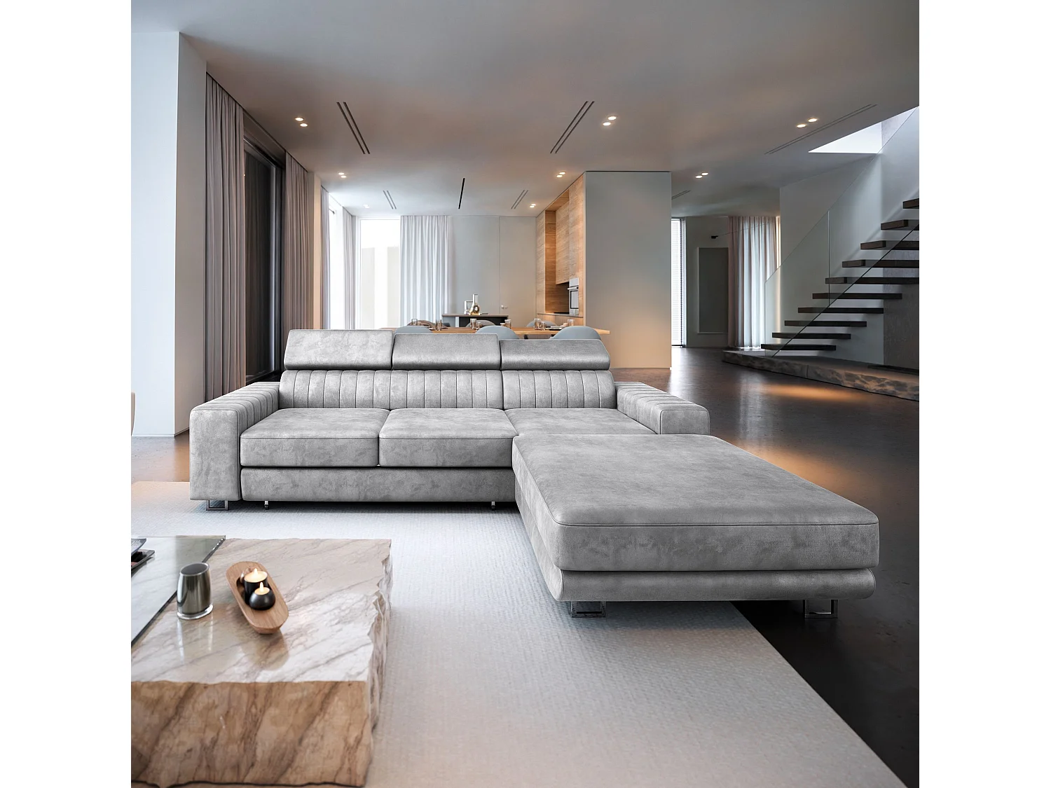 Canapé d'angle NOTO Gris clair en velours avec fonction de couchage