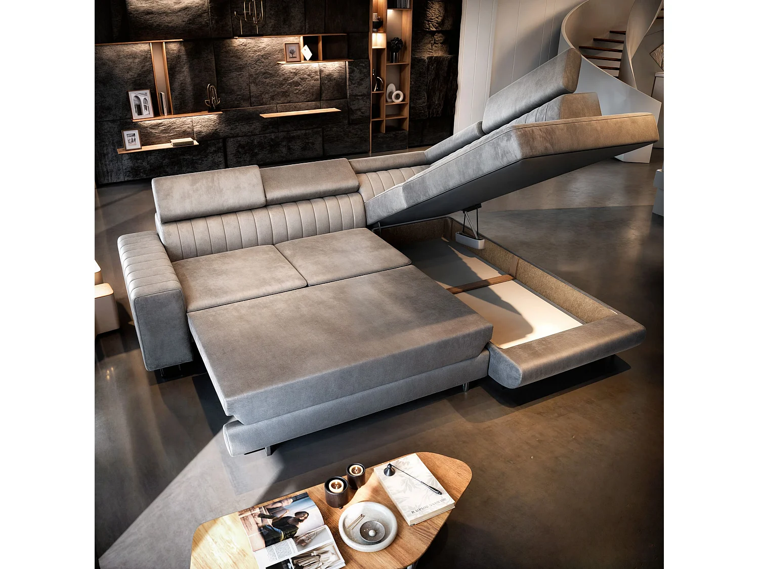 Canapé d'angle NOLA Gris clair en velours avec fonction de couchage