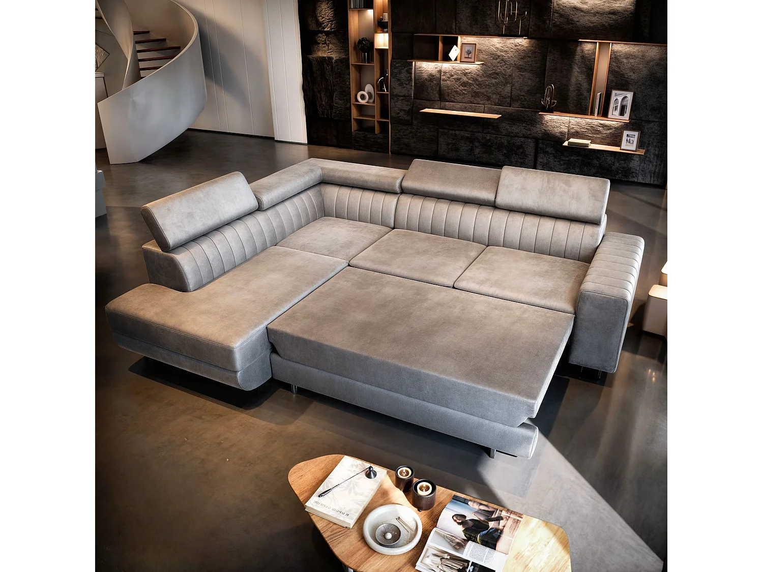 Canapé d'angle NOLA Gris clair en velours avec fonction de couchage