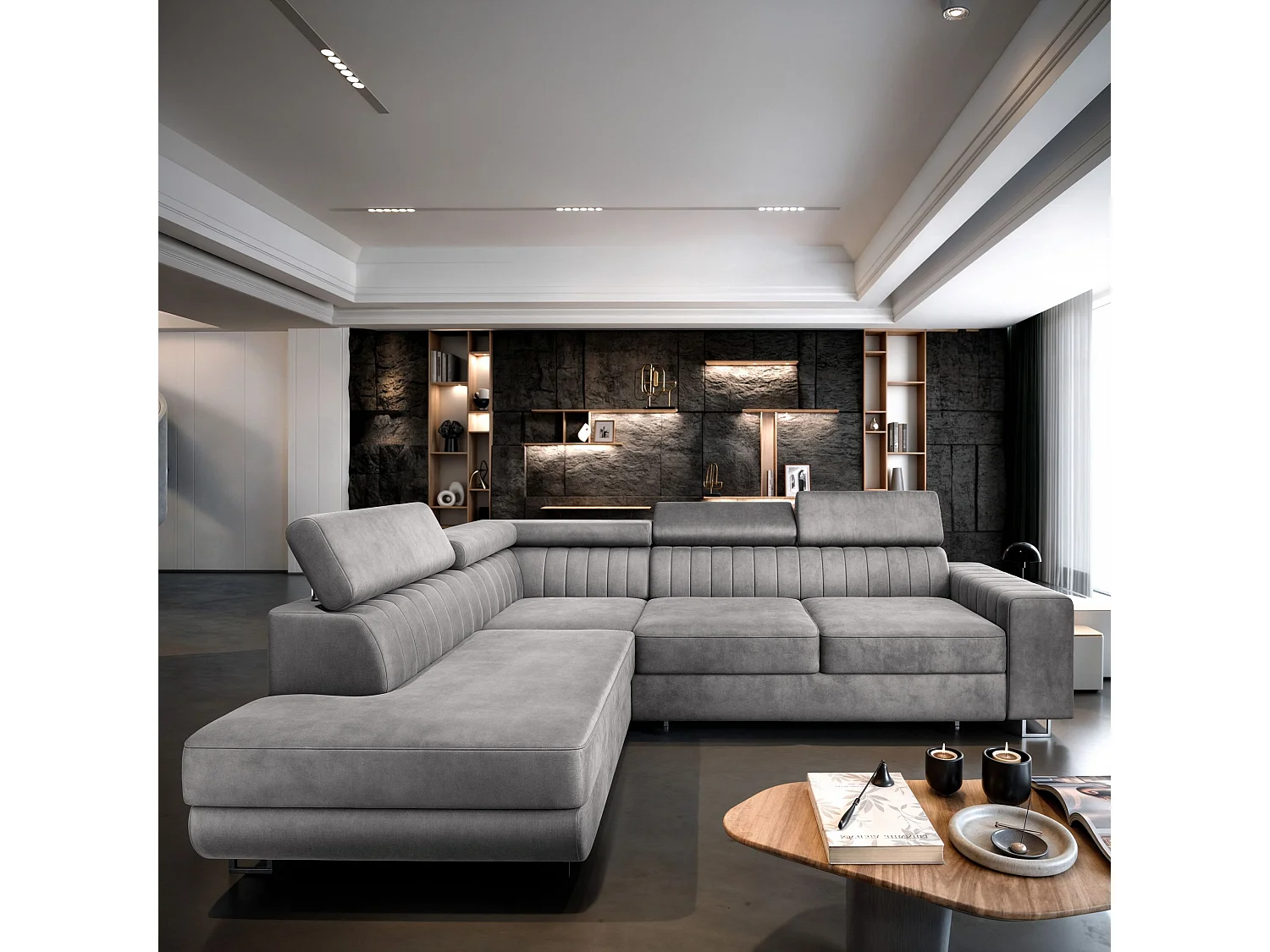 Canapé d'angle NOLA Gris clair en velours avec fonction de couchage