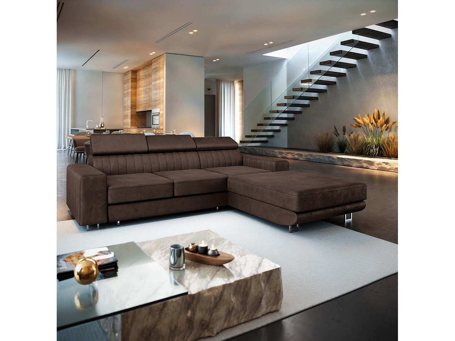 Hoekbank NOTO van fluweel met slaapfunctie Braun