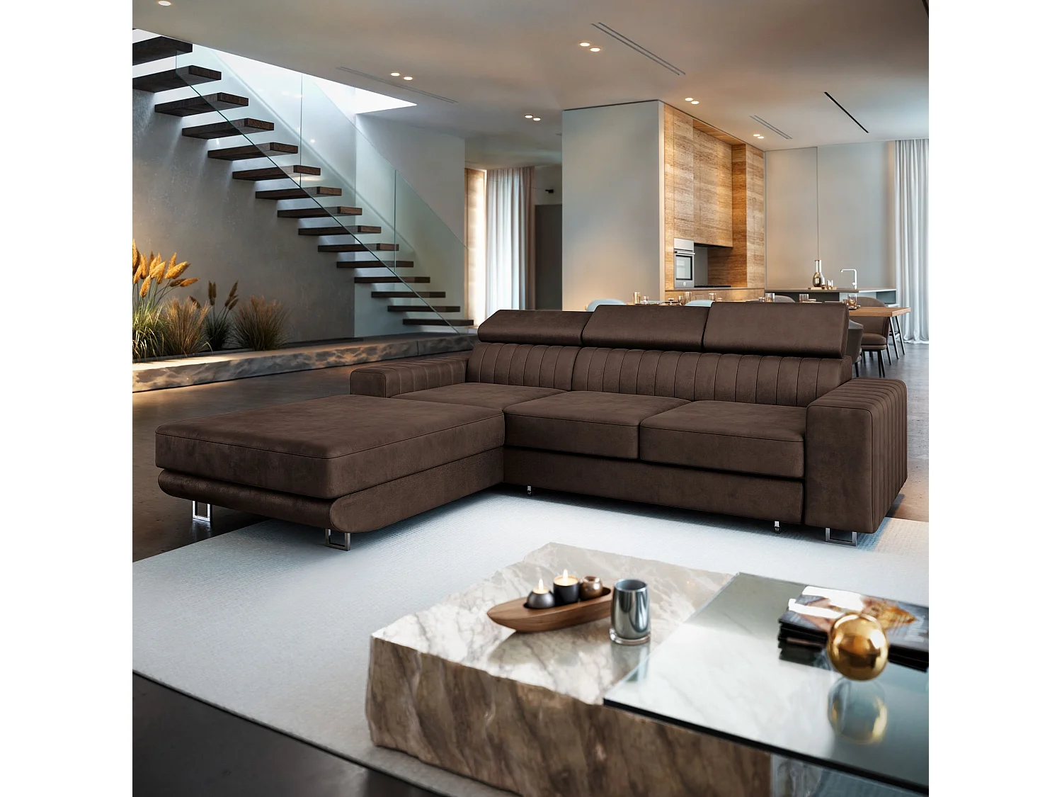 Canapé d'angle NOTO Marron en velours avec fonction de couchage
