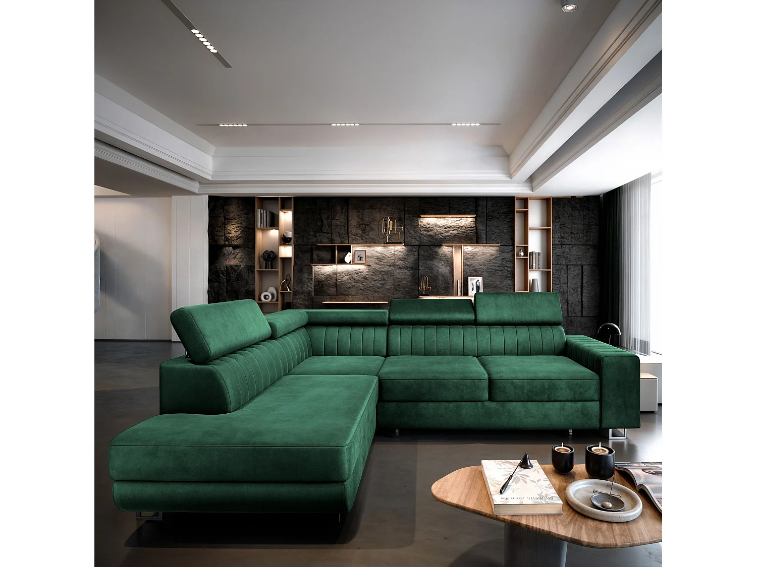 Hoekbank NOLA van fluweel met slaapfunctie Grün