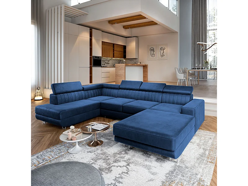 Hoekbank SIENA van fluweel met slaapfunctie Blau