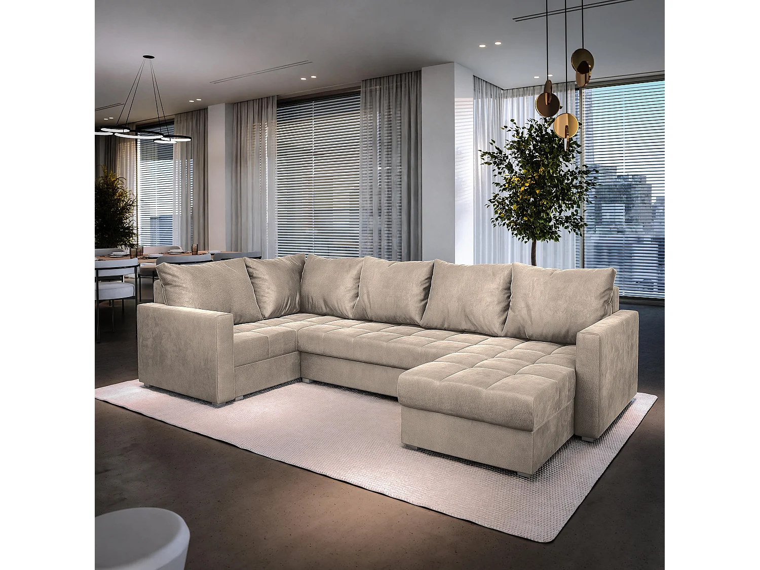 Hoekbank LORIVO van fluweel met slaapfunctie Beige