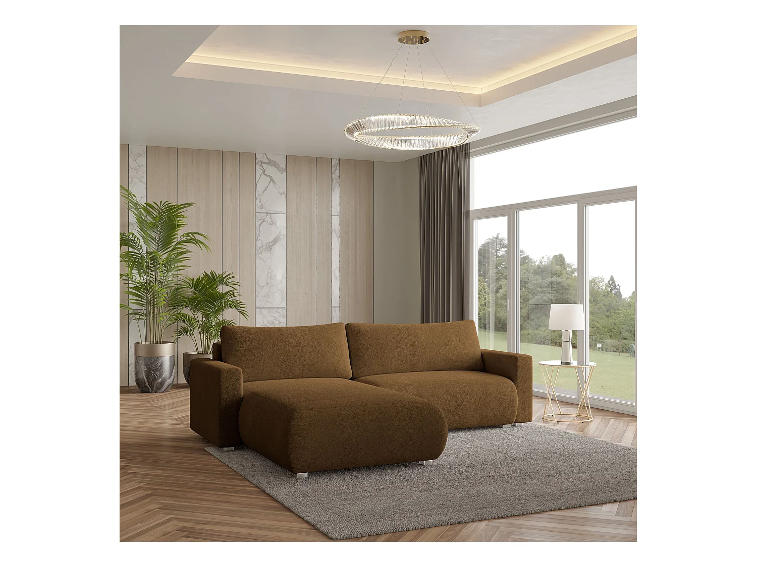 Canapé d'angle TURIN Marron en bouclé avec fonction de couchage
