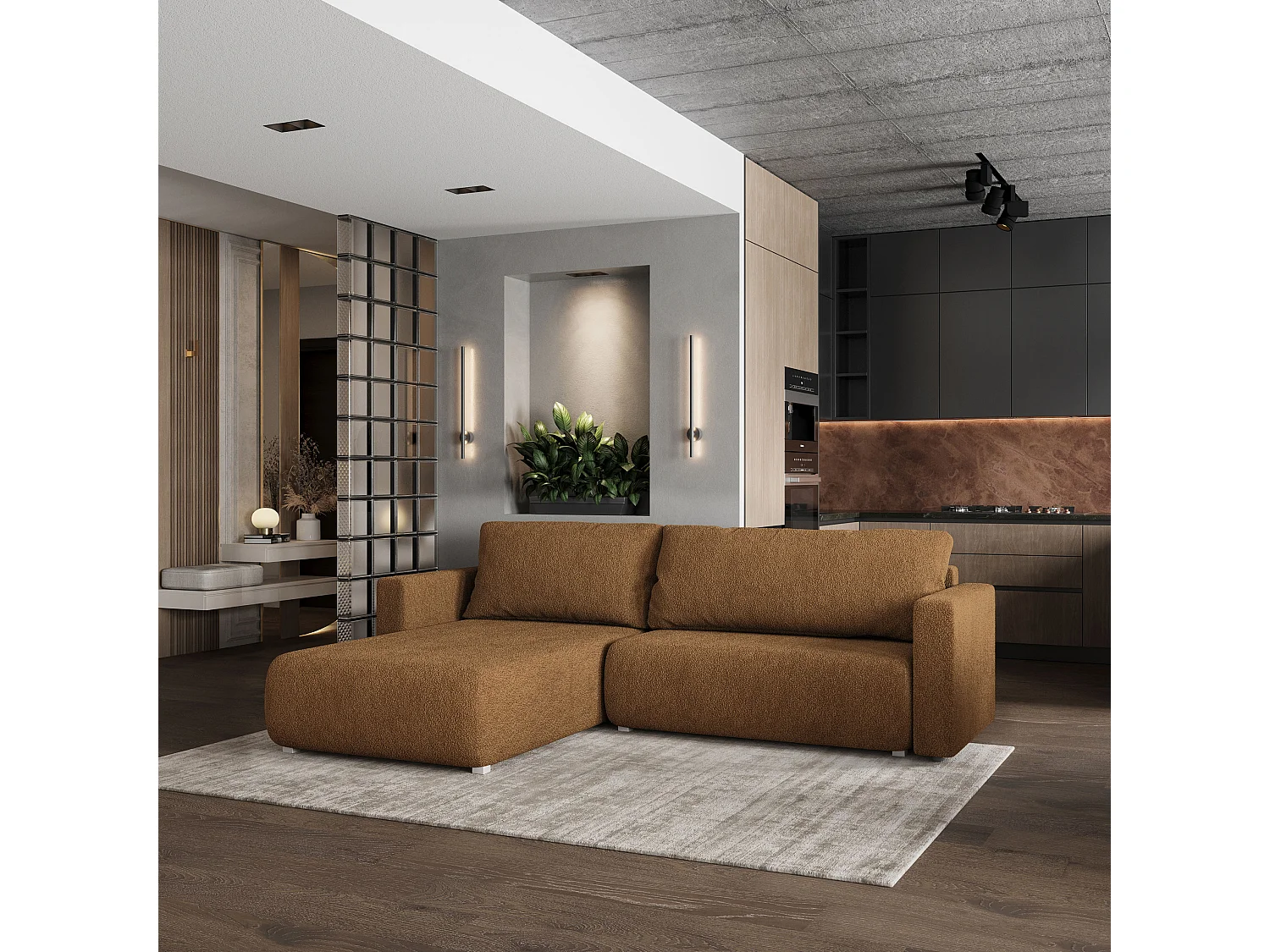 Canapé d'angle convertible 3 places en tissu marron TURIN