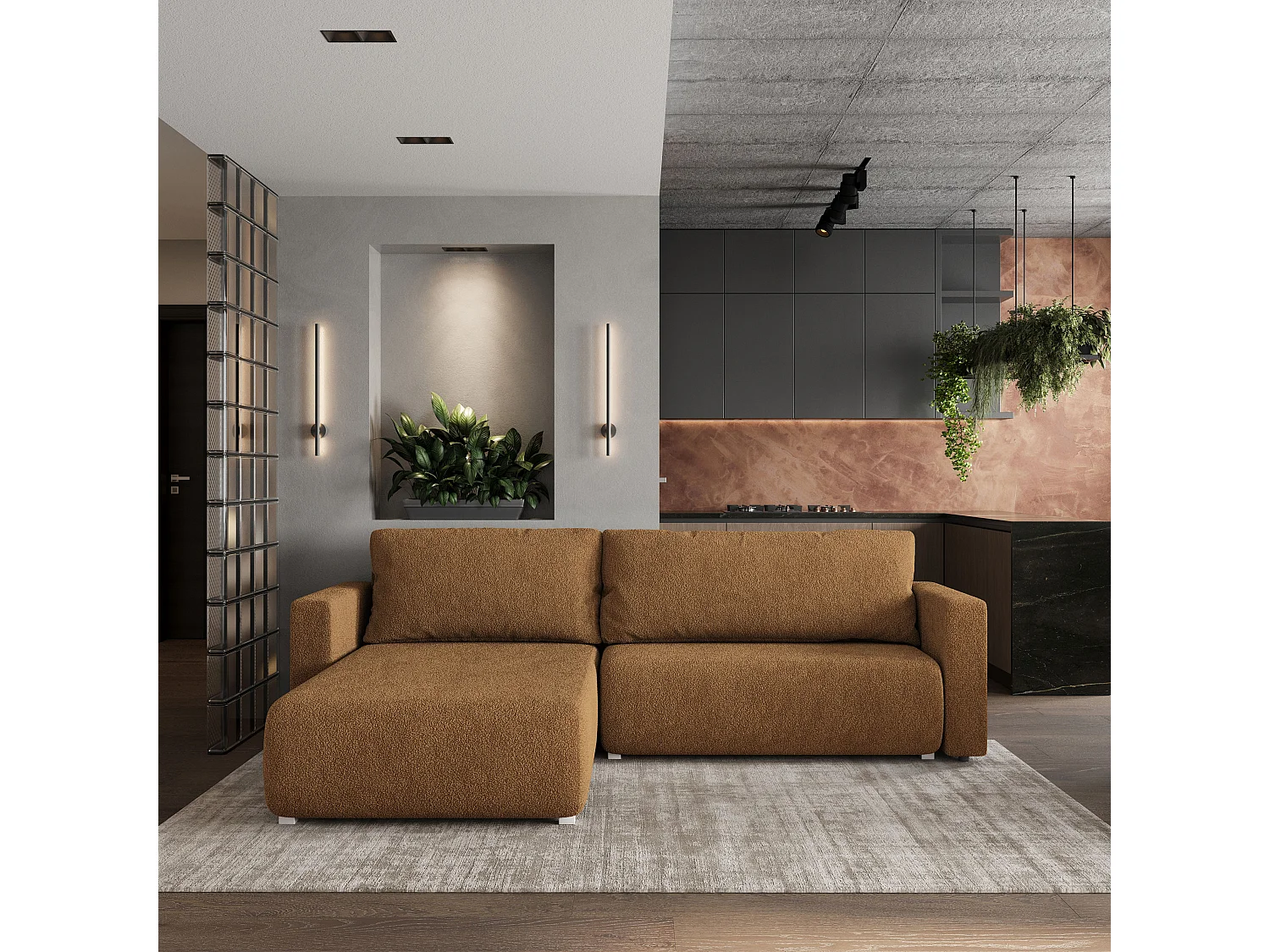 Canapé d'angle convertible 3 places en tissu marron TURIN