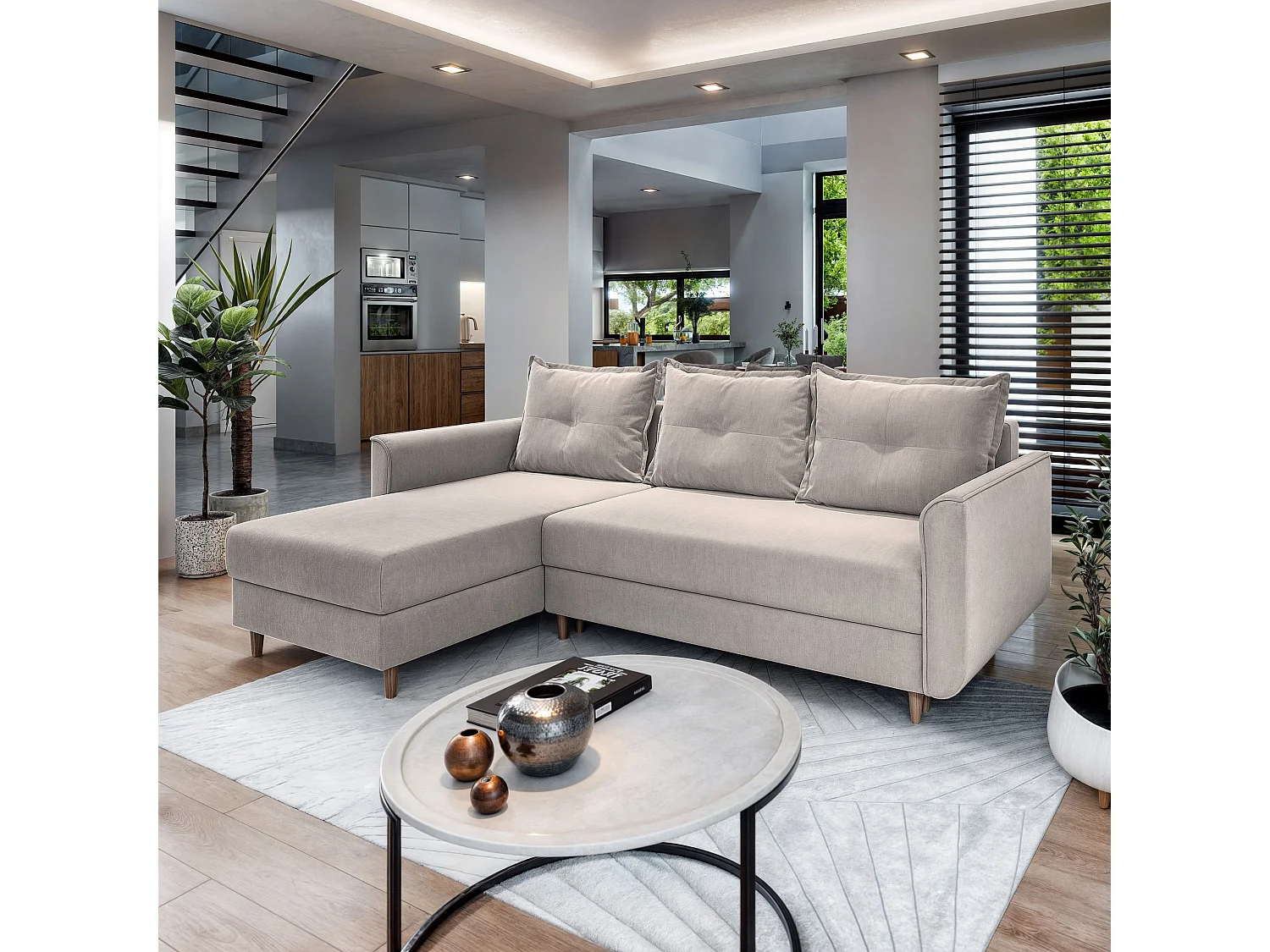 Canapé d'angle PISAN Beige en peluche avec fonction de couchage