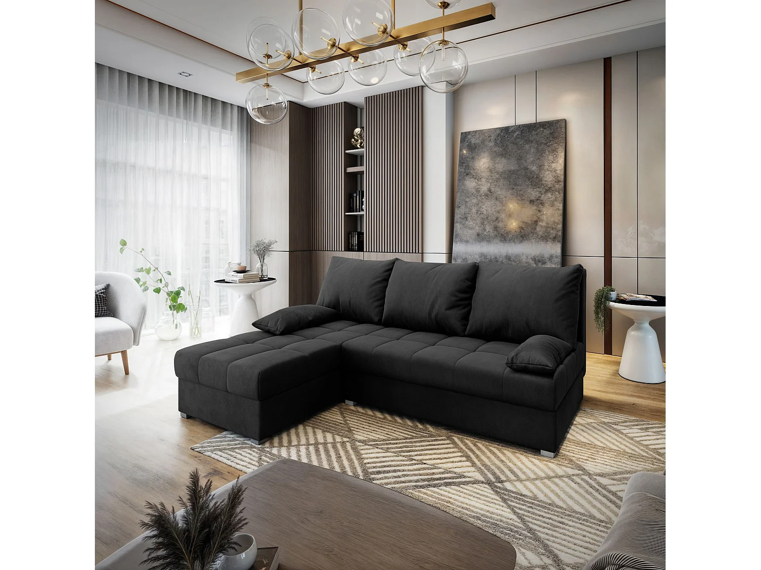 Canapé d'angle RITA Noir en velours avec fonction de couchage