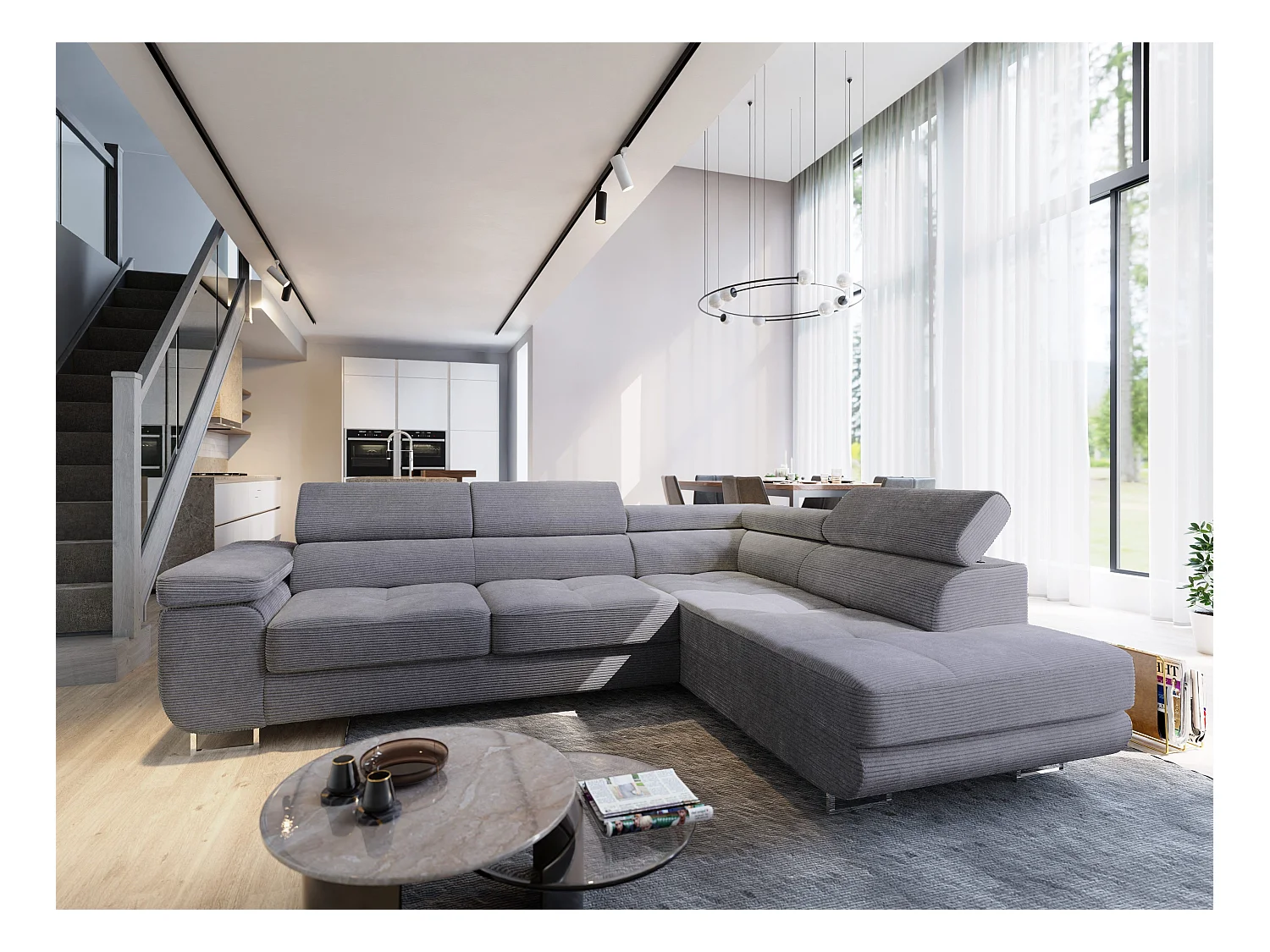 Canapé d'angle APIRO Gris en velours côtelé avec fonction de couchage