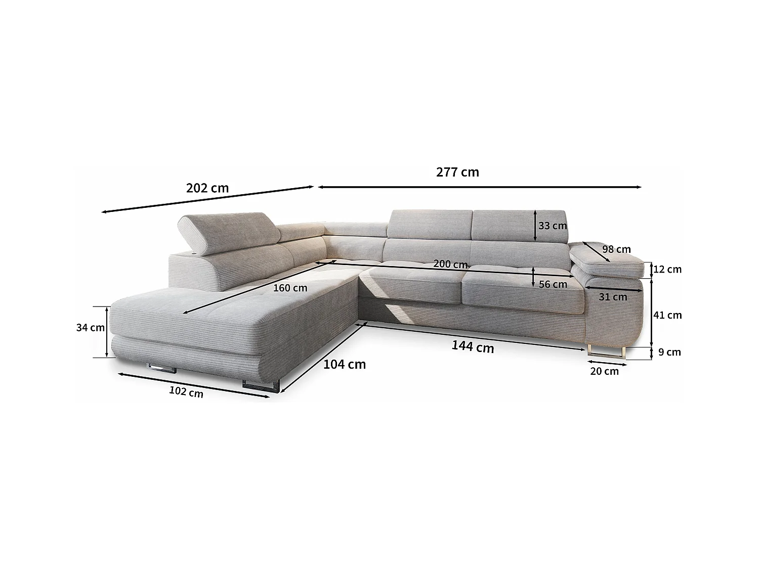 Canapé d'angle APIRO Gris en velours côtelé avec fonction de couchage
