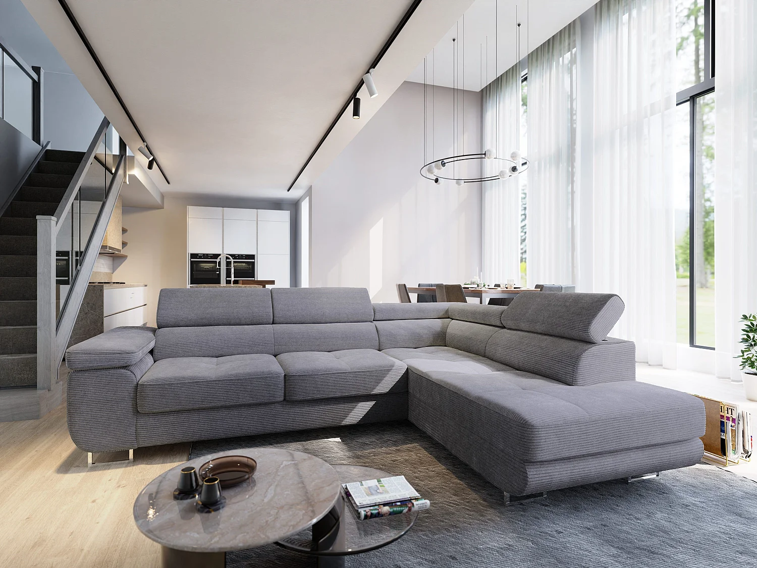 Canapé d'angle APIRO Gris en velours côtelé avec fonction de couchage