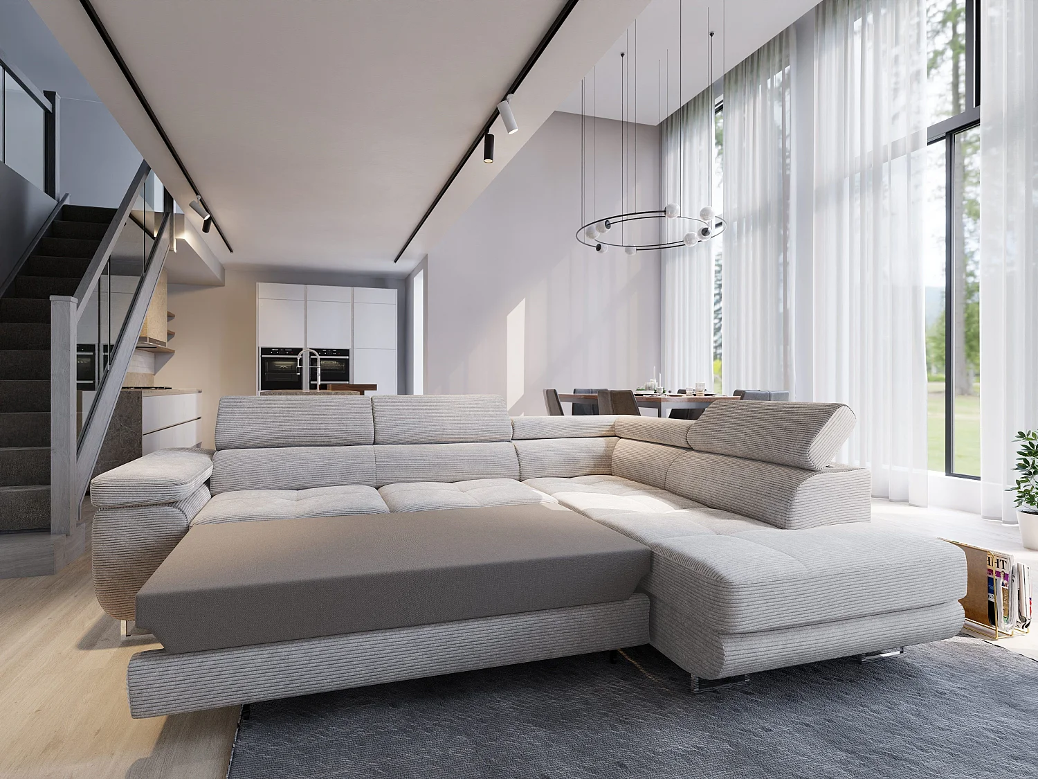 Canapé d'angle APIRO Gris en velours côtelé avec fonction de couchage