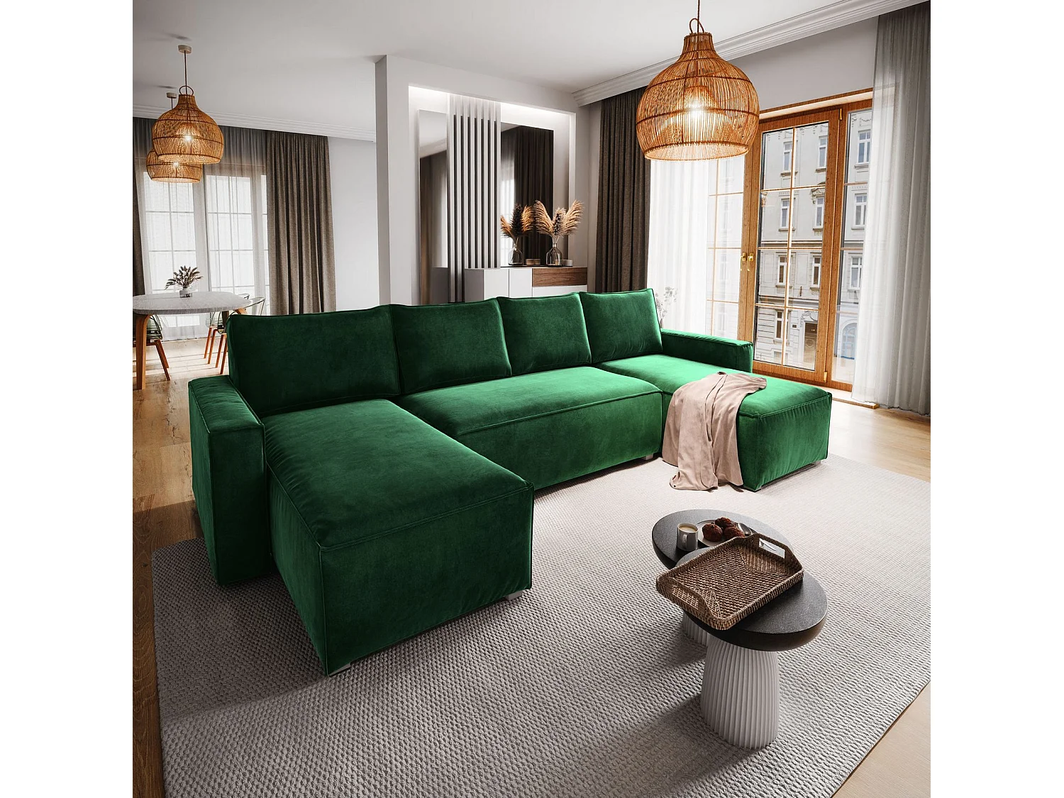 Canapé d'angle DENI Vert Sapin en velours avec fonction de couchage