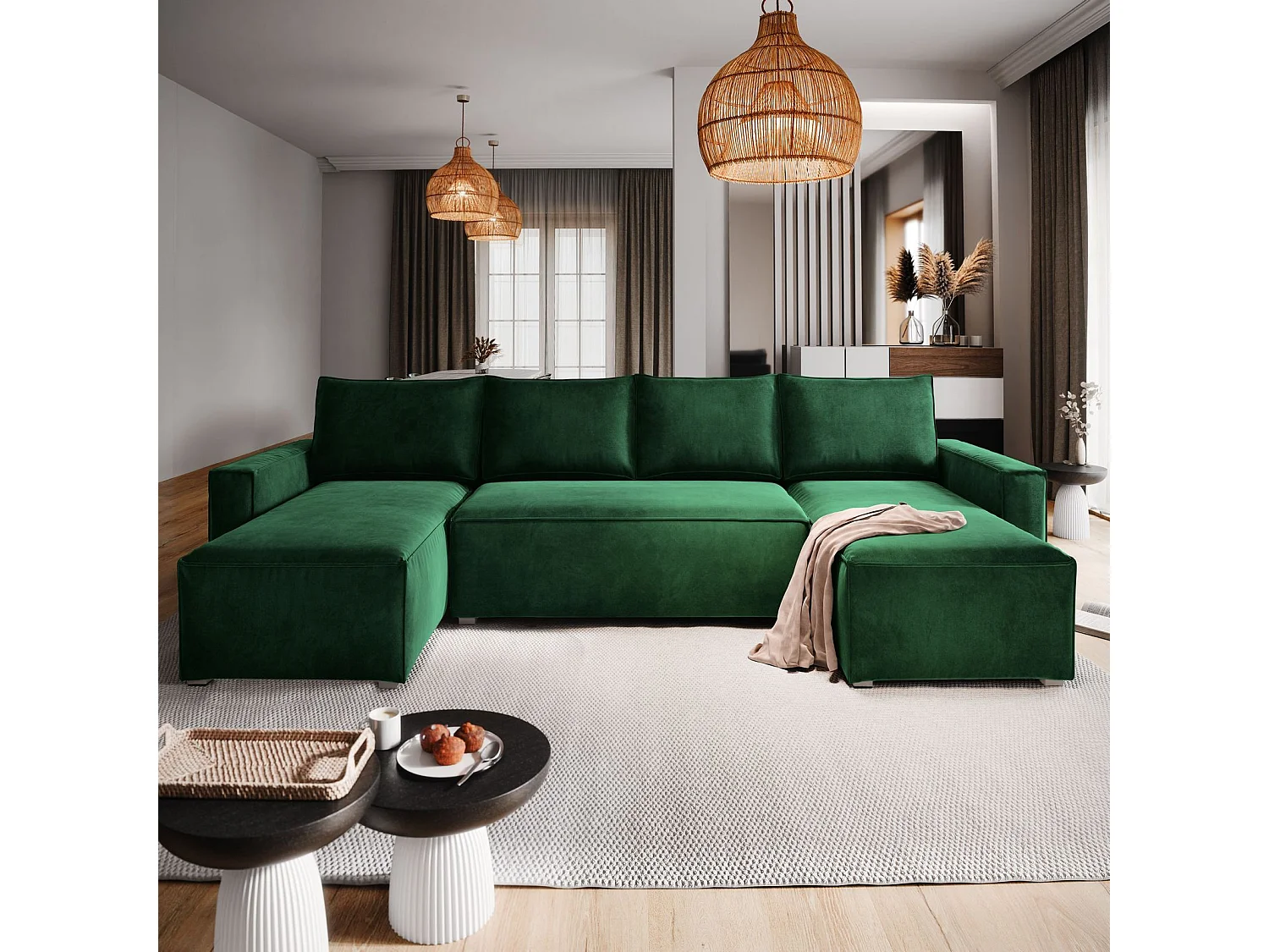 Canapé d'angle DENI Vert Sapin en velours avec fonction de couchage