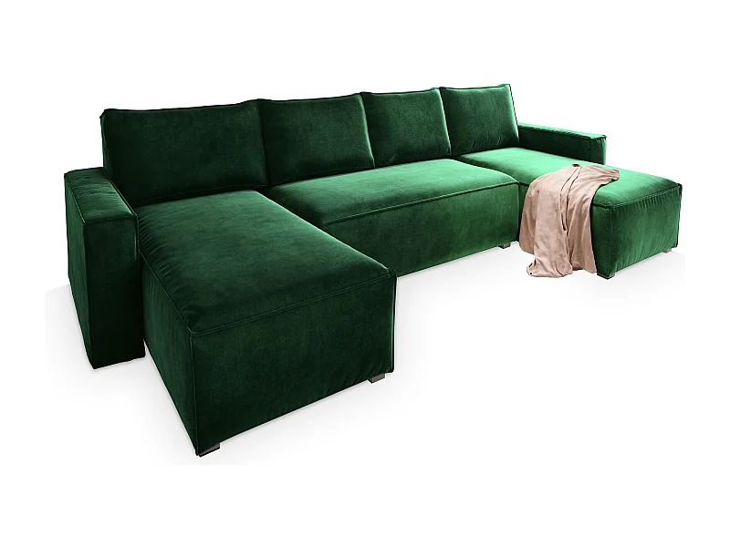 Canapé d'angle DENI Vert Sapin en velours avec fonction de couchage