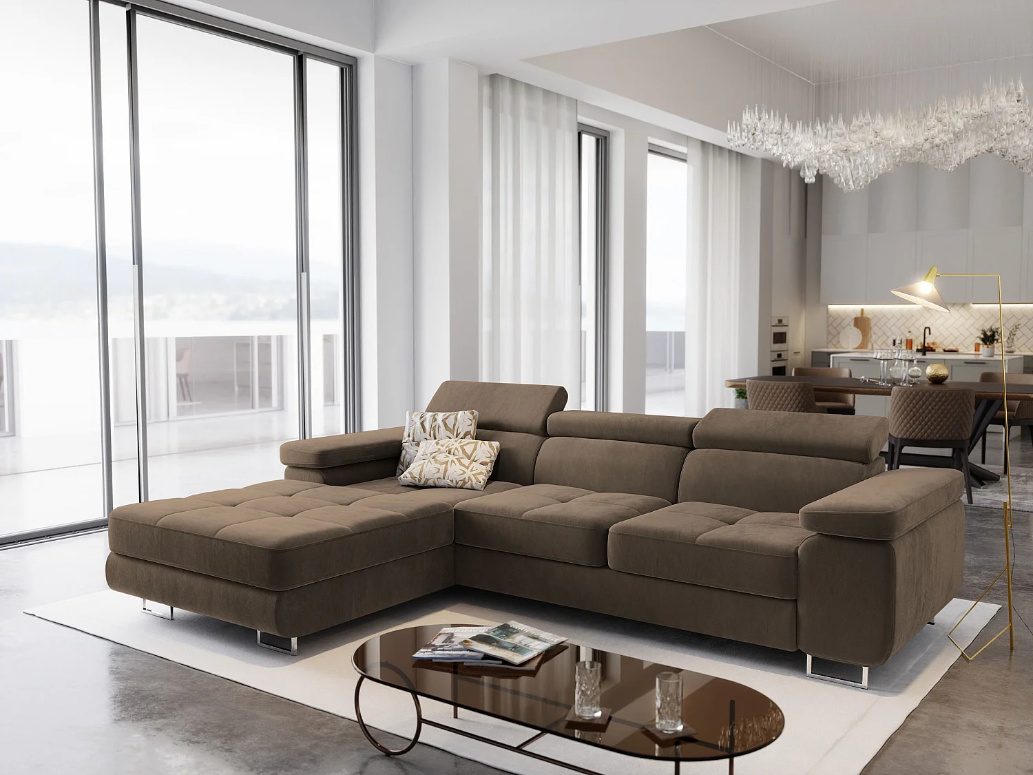 Canapé d'angle ELMA Beige en velours avec fonction de couchage