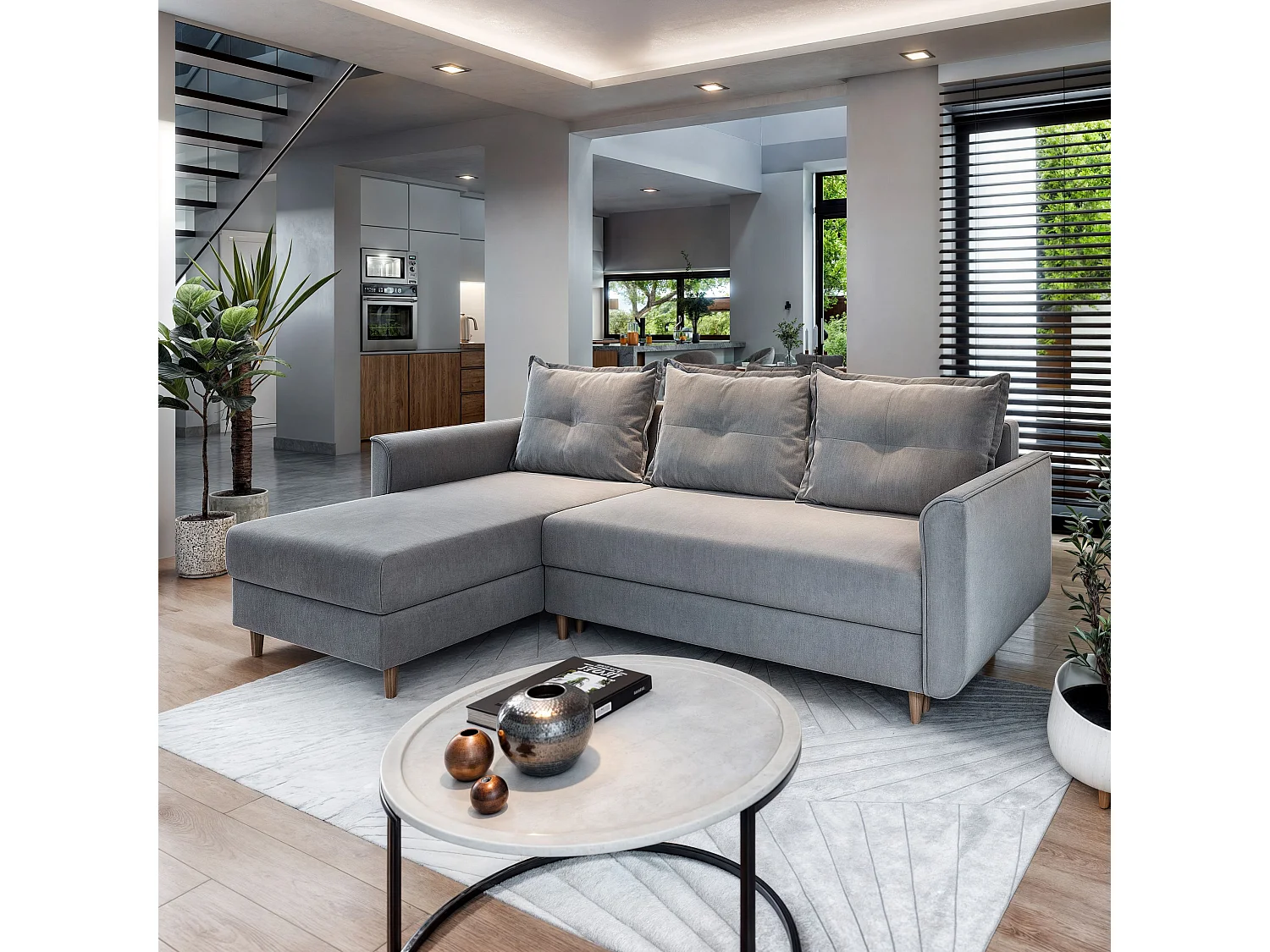 Canapé d'angle PISAN Gris clair en peluche avec fonction de couchage