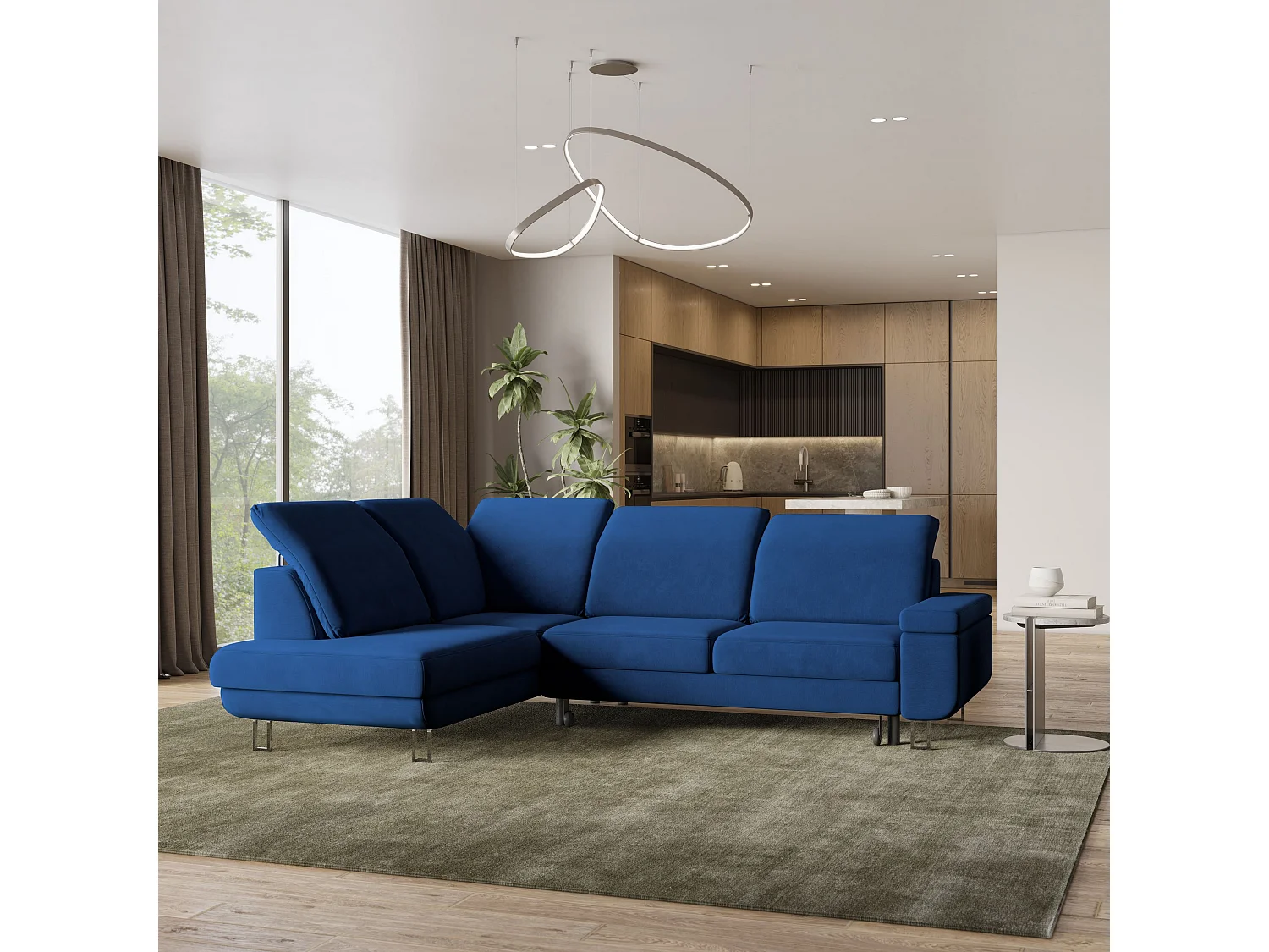 Canapé d'angle LERMA Bleu en velours avec fonction de couchage