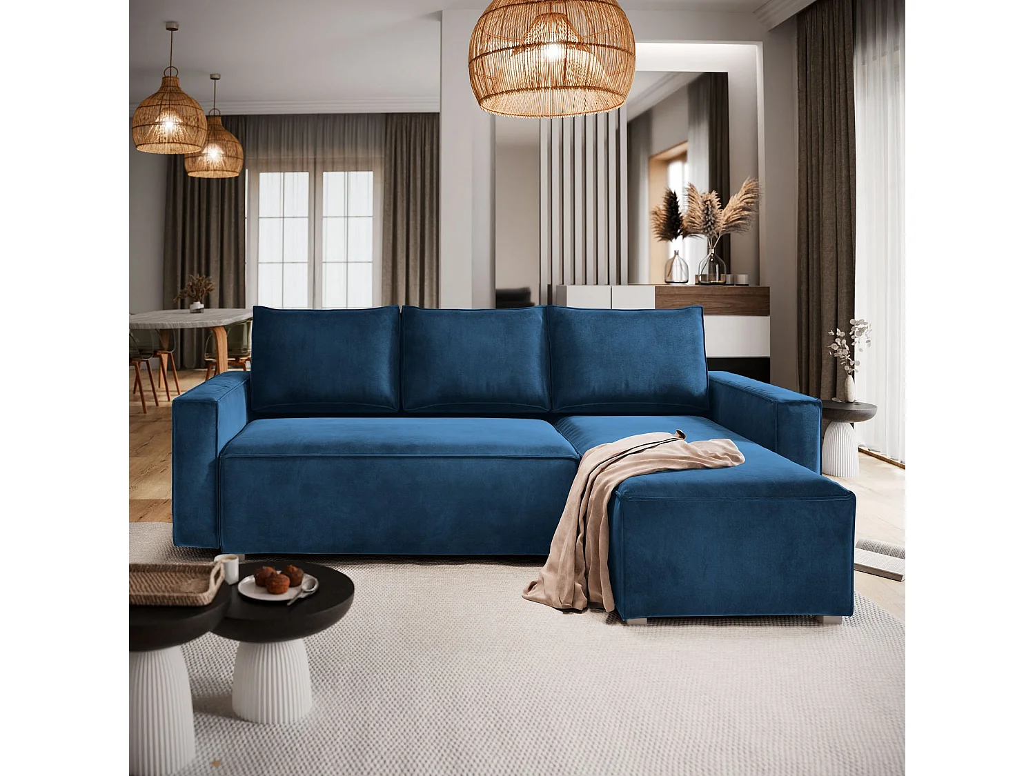 Canapé d'angle SILES Bleu en velours avec fonction de couchage