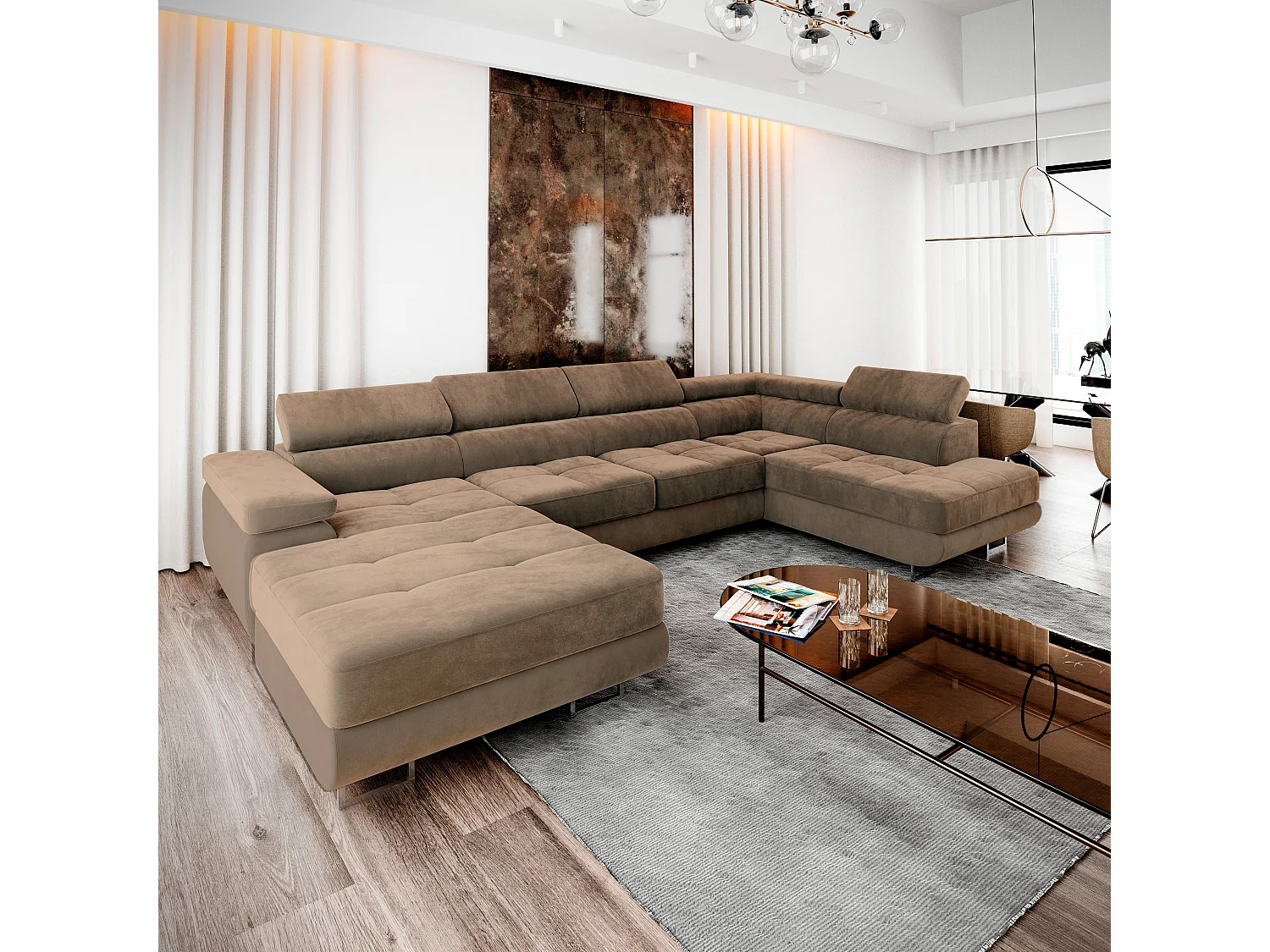 Hoekbank CASONE van fluweel met slaapfunctie Beige