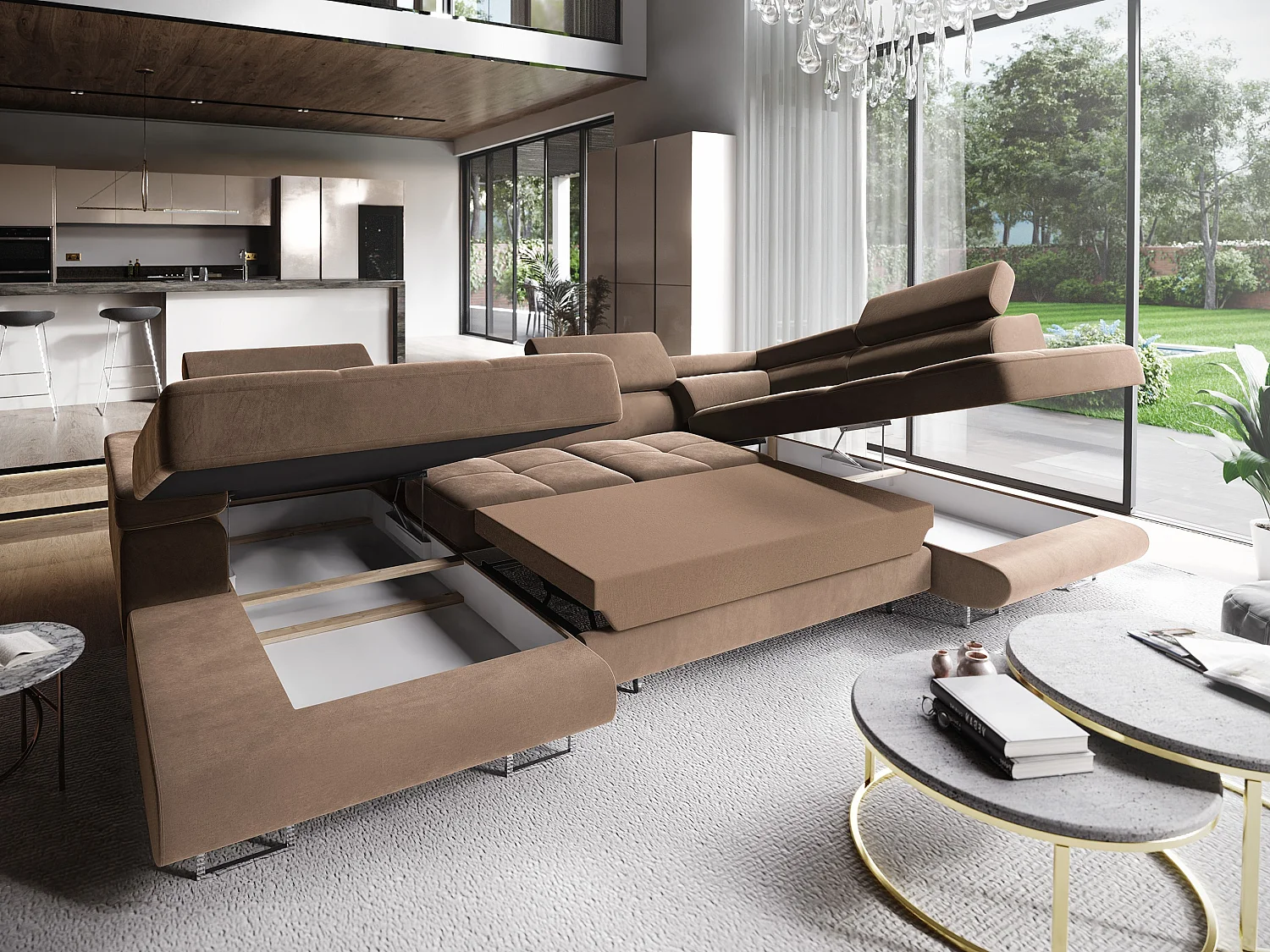 Canapé d'angle CASONE Beige en velours avec fonction de couchage